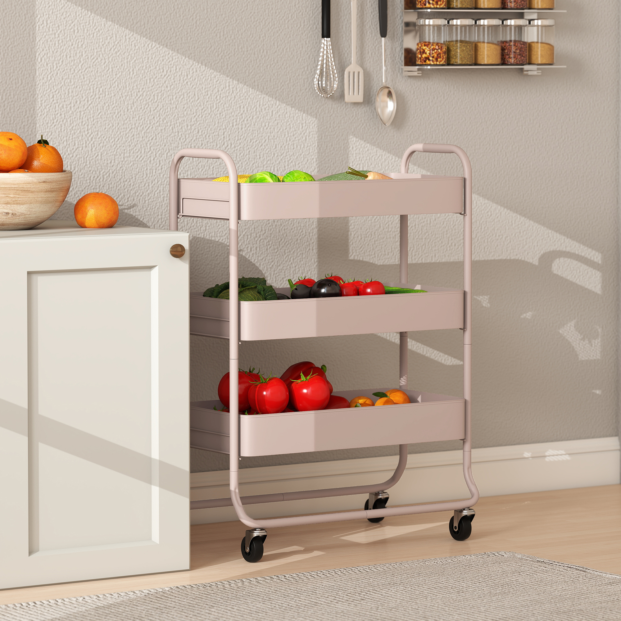 3-Tier Storage Trolley On Wheels,Rolling Utility Cart With Mesh Backets