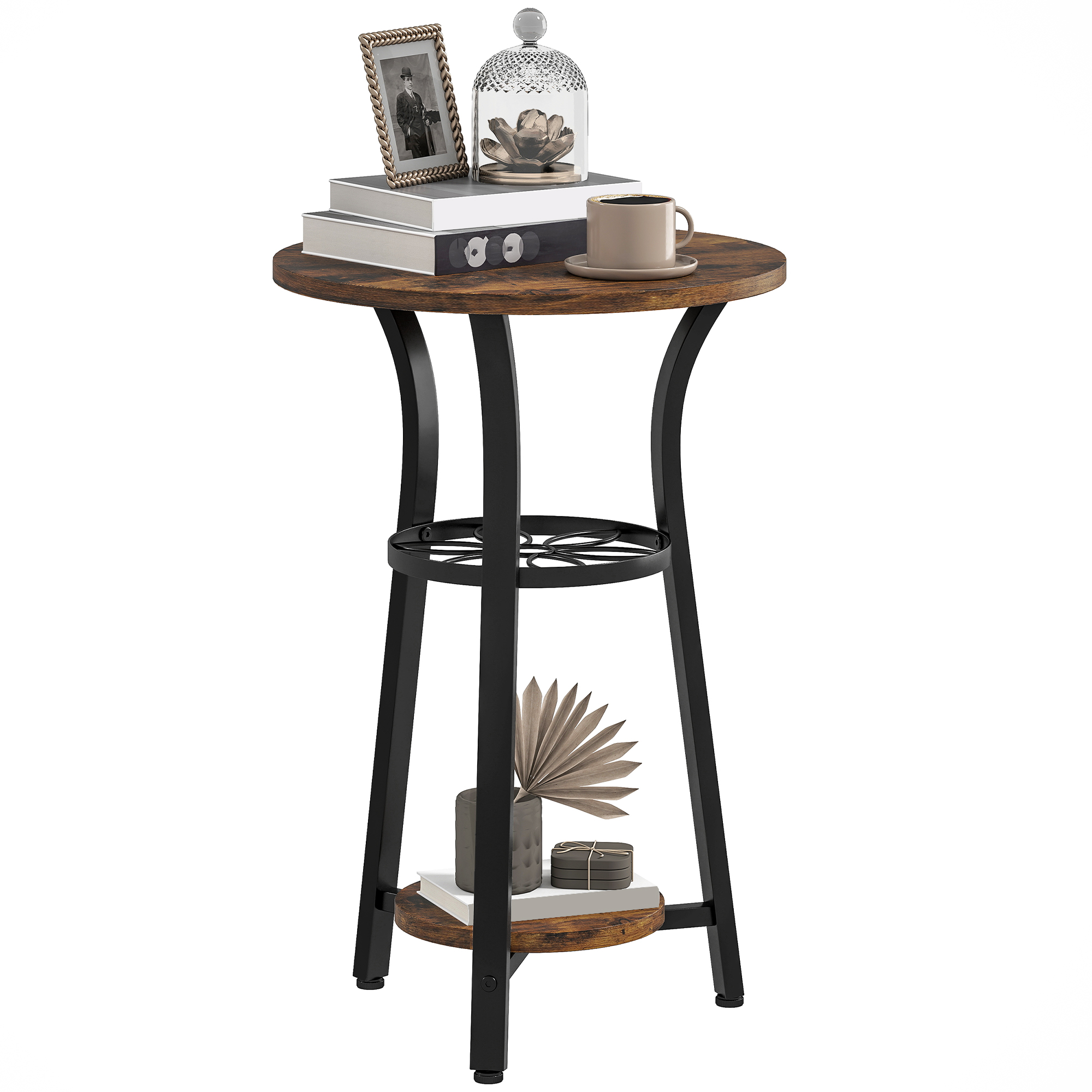 Small Round Side Table With 3 Storage Shelves-Rustic Brown