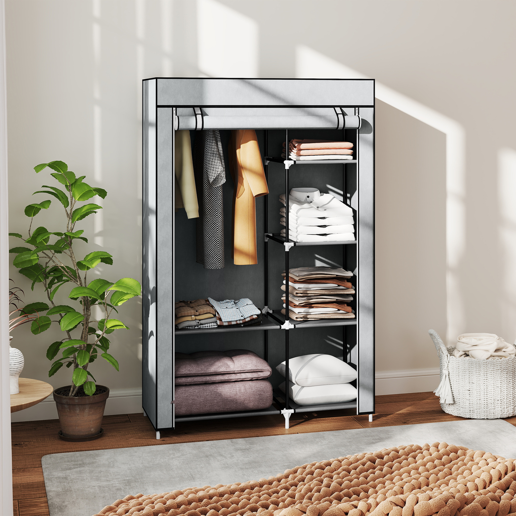 Fabric Wardrobe W/ Shelves Hanging Rail Foldable Light Grey — image 5