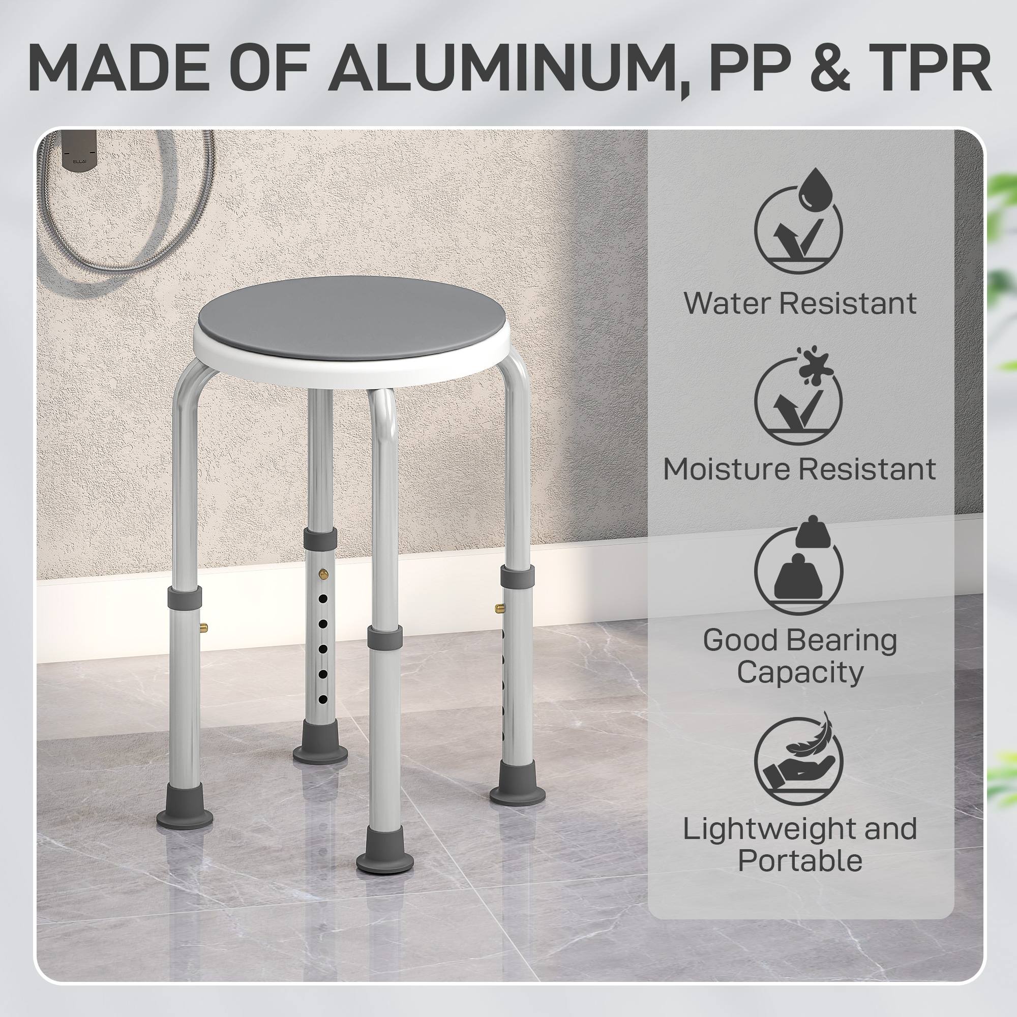 360Â° Swivel Shower Chair,Height Adjustable Aluminium Stool With Non-Slip Feet — image 3