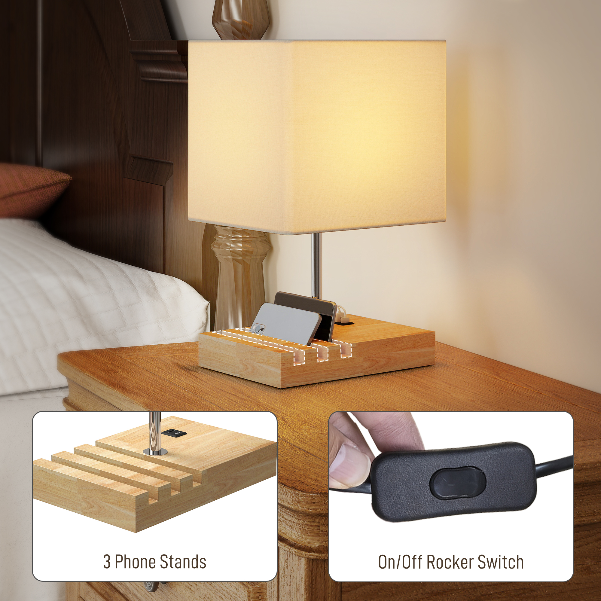 Bedside Lamp With USB A+C Charging Ports And 3 Phone Stands,Modern Table Solid — image 2