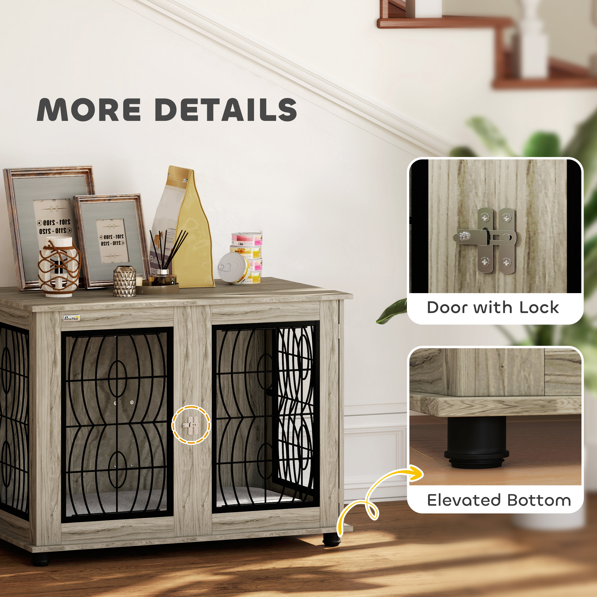 Indoor Dog Crate Furniture End Table With Soft Washable Cushion,Lockable Front — image 4