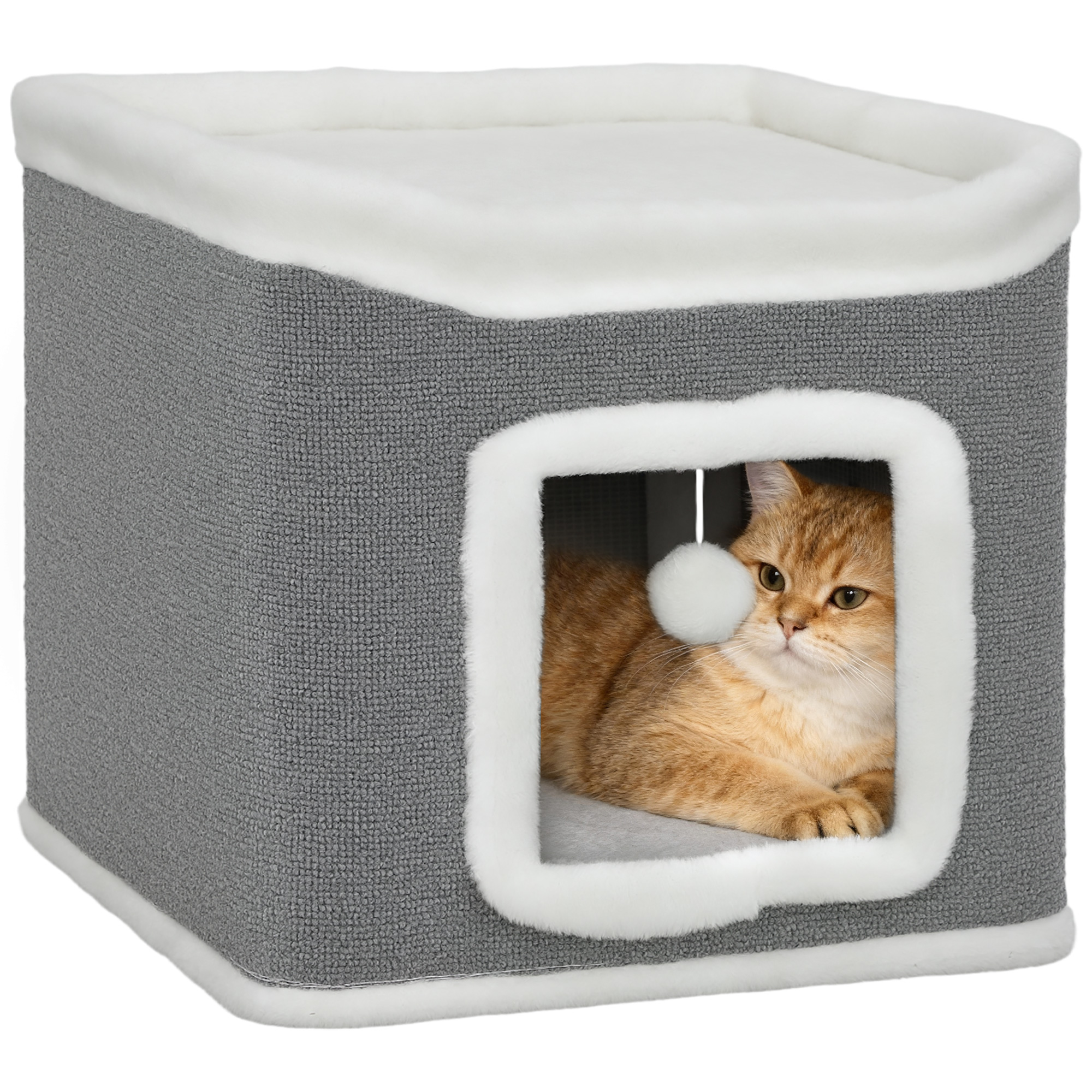 Cat House For Indoor Kittens,2-Level Cat Cave Bed With Fluffy Balls,Top Bed,Kitten Barrel For Multi Kitties,Grey detail photo 12