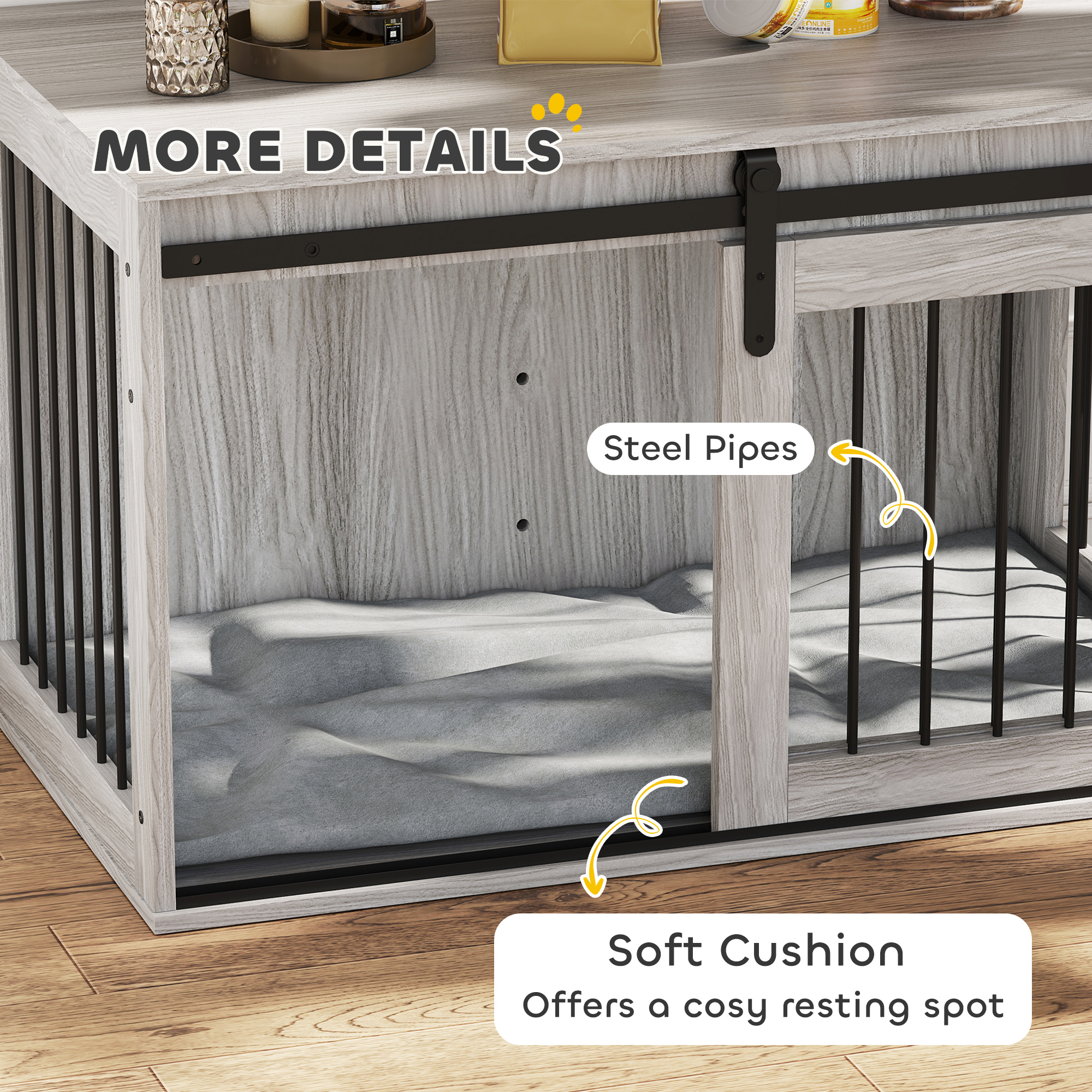 98cm Dog Crate Furniture With Removable Cushion For Large Dogs - Grey
