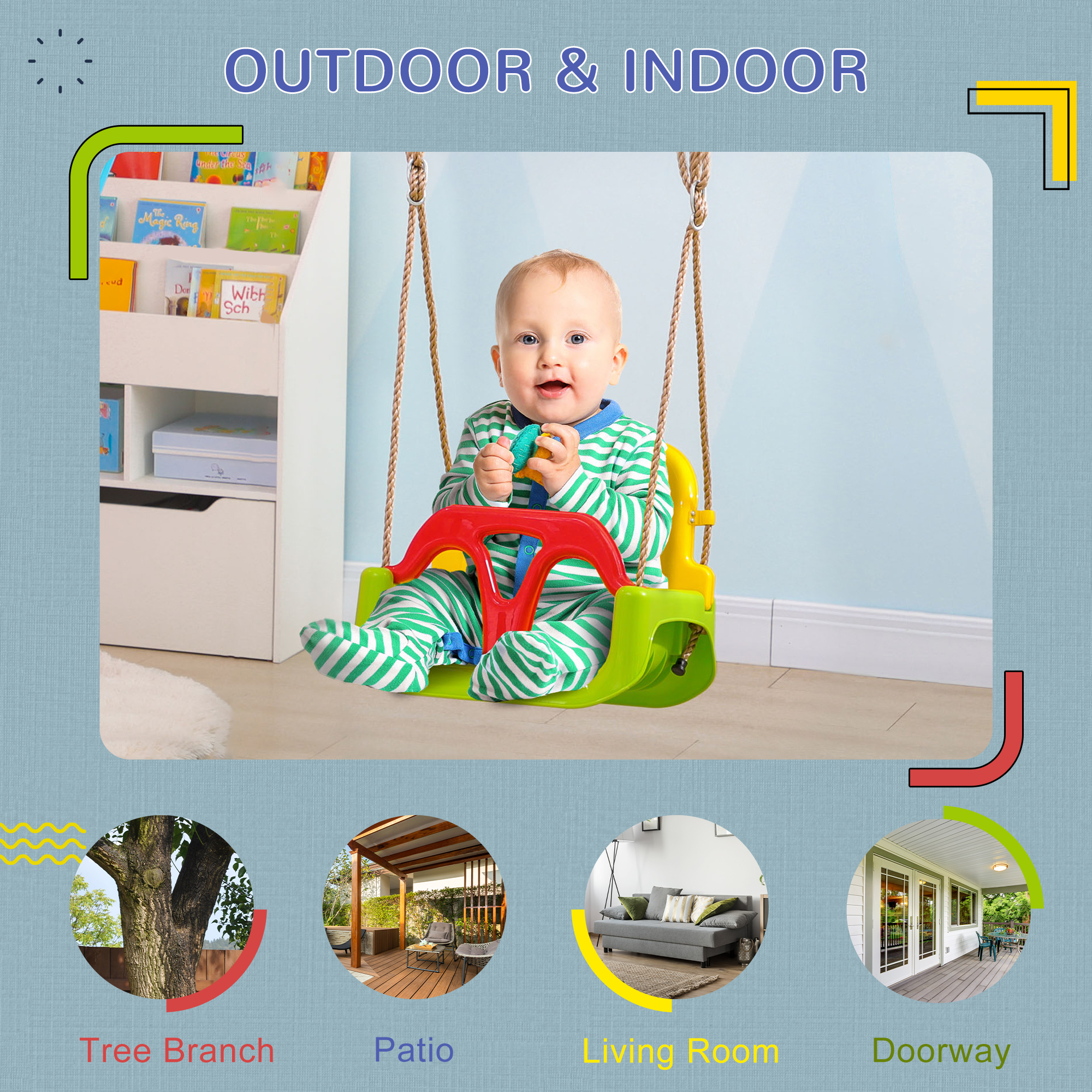 3 In 1 Detachable Kids Swing Seat With Safety Belt,Adjustable Rope — image 2