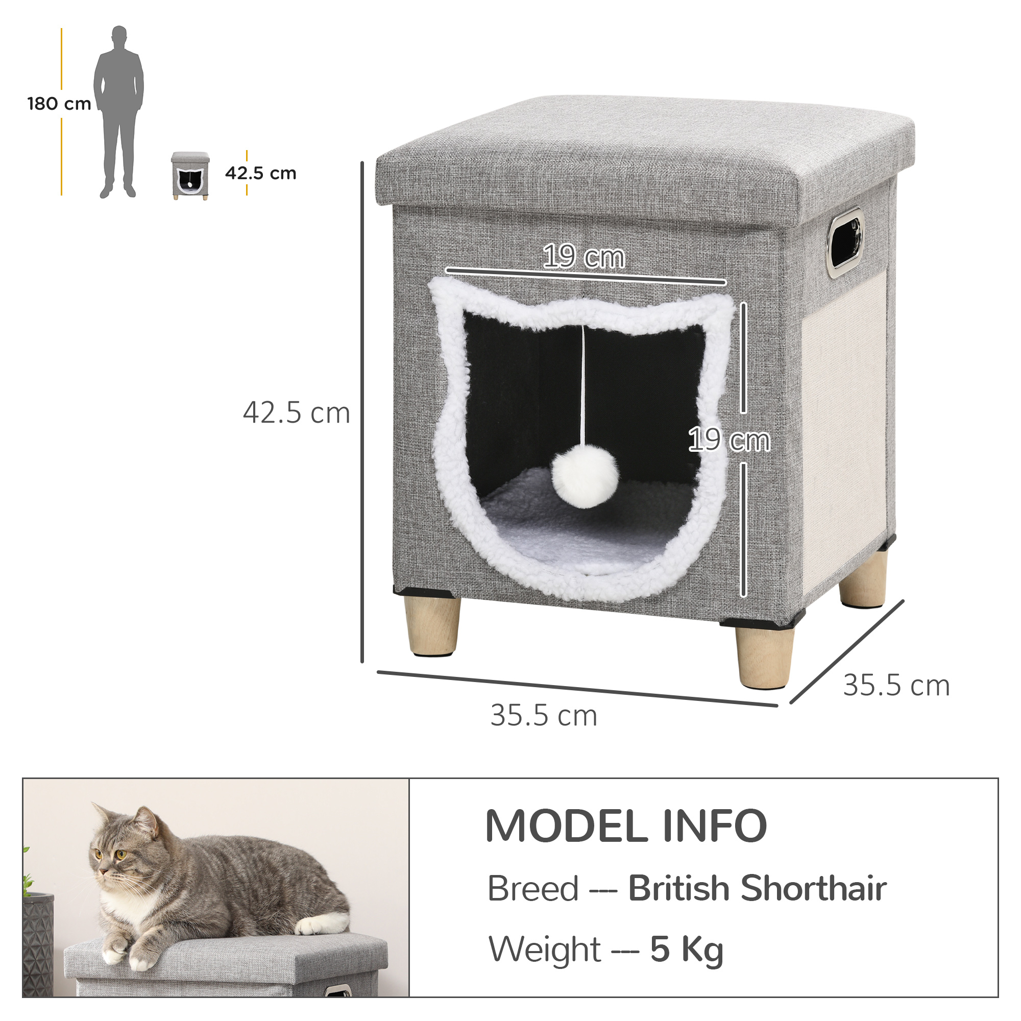 Cat House Cave,Cat Bed Cube With Scratching Pad,Soft Detachable & Washable Cushion,Toy Ball,for Indoor Kittens,Grey detail photo 8