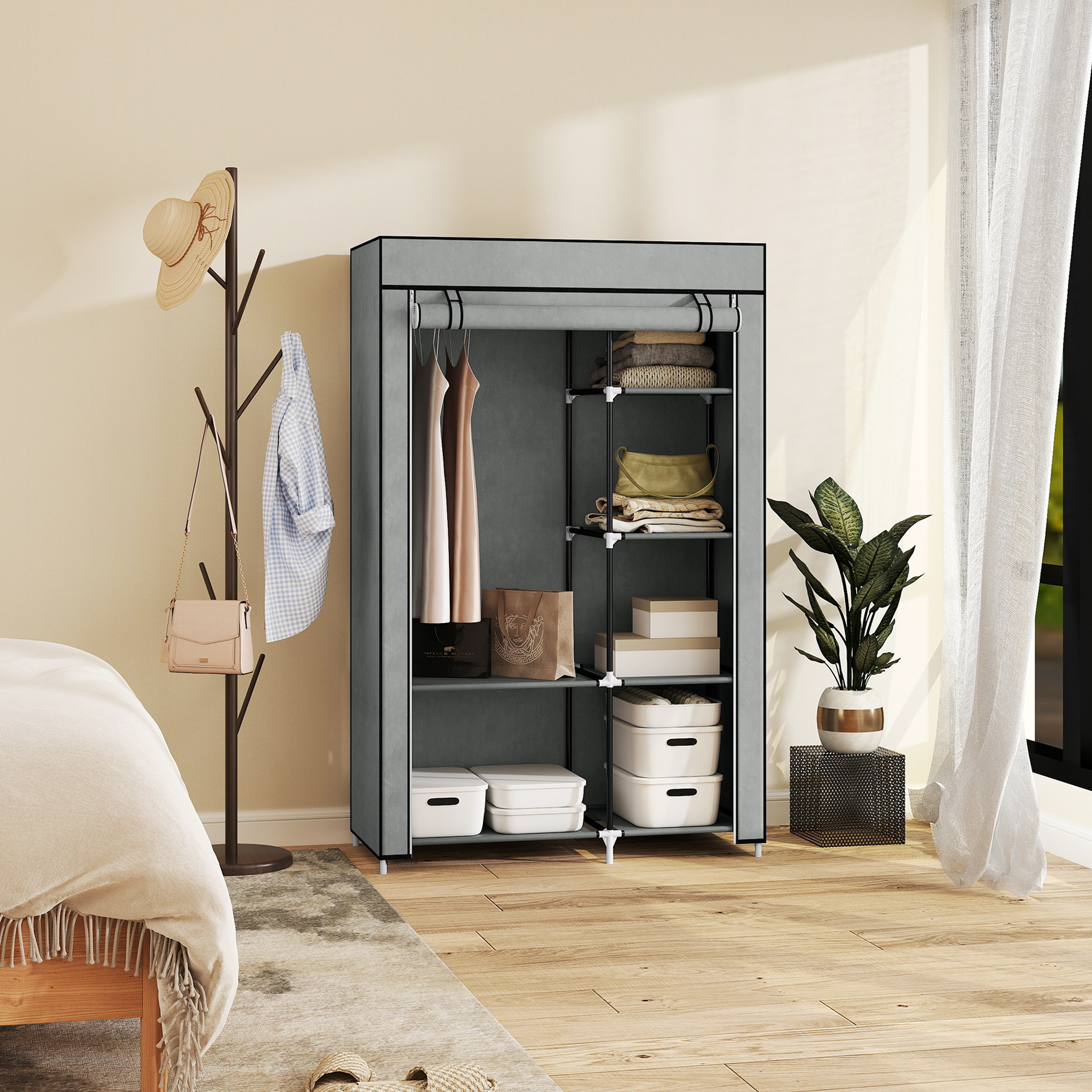 Fabric Wardrobe W/ Shelves Hanging Rail Foldable Light Grey — image 4