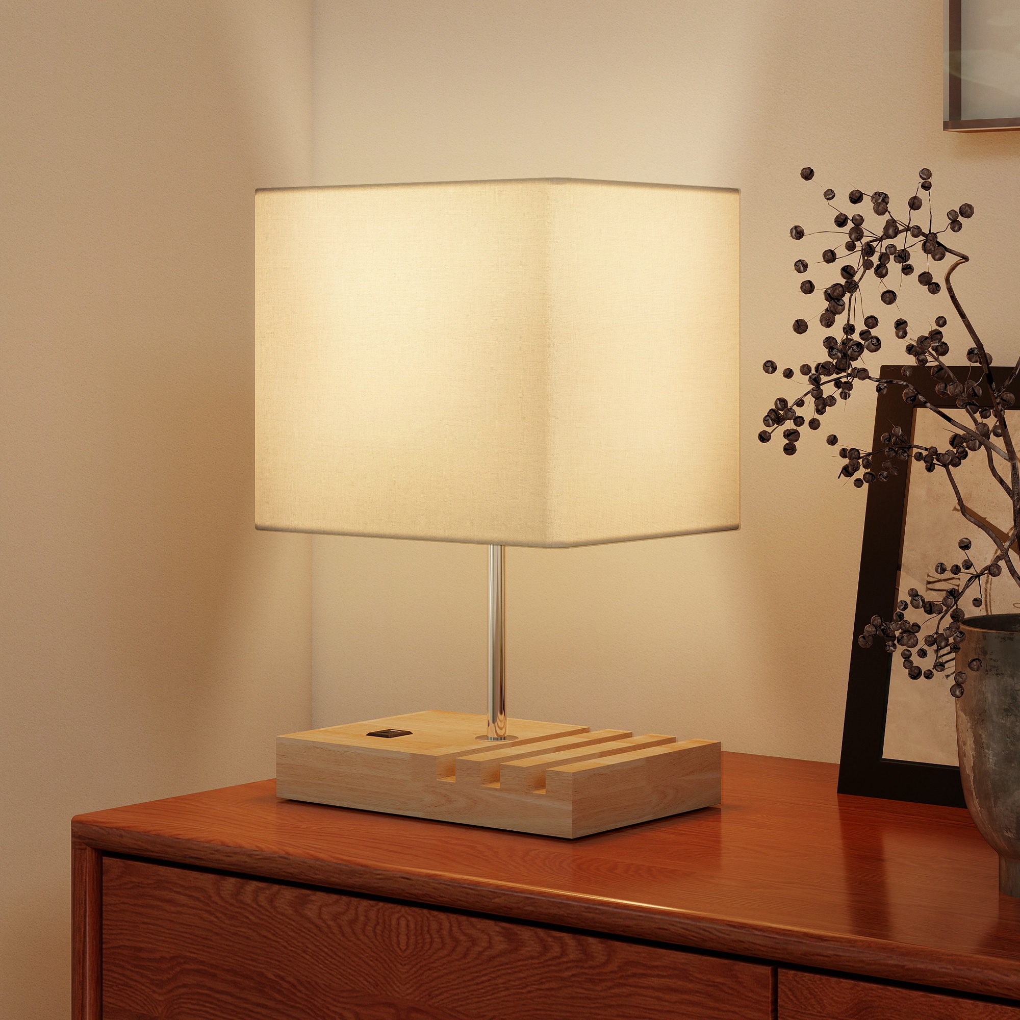Bedside Lamp With USB A+C Charging Ports And 3 Phone Stands,Modern Table Solid — image 3