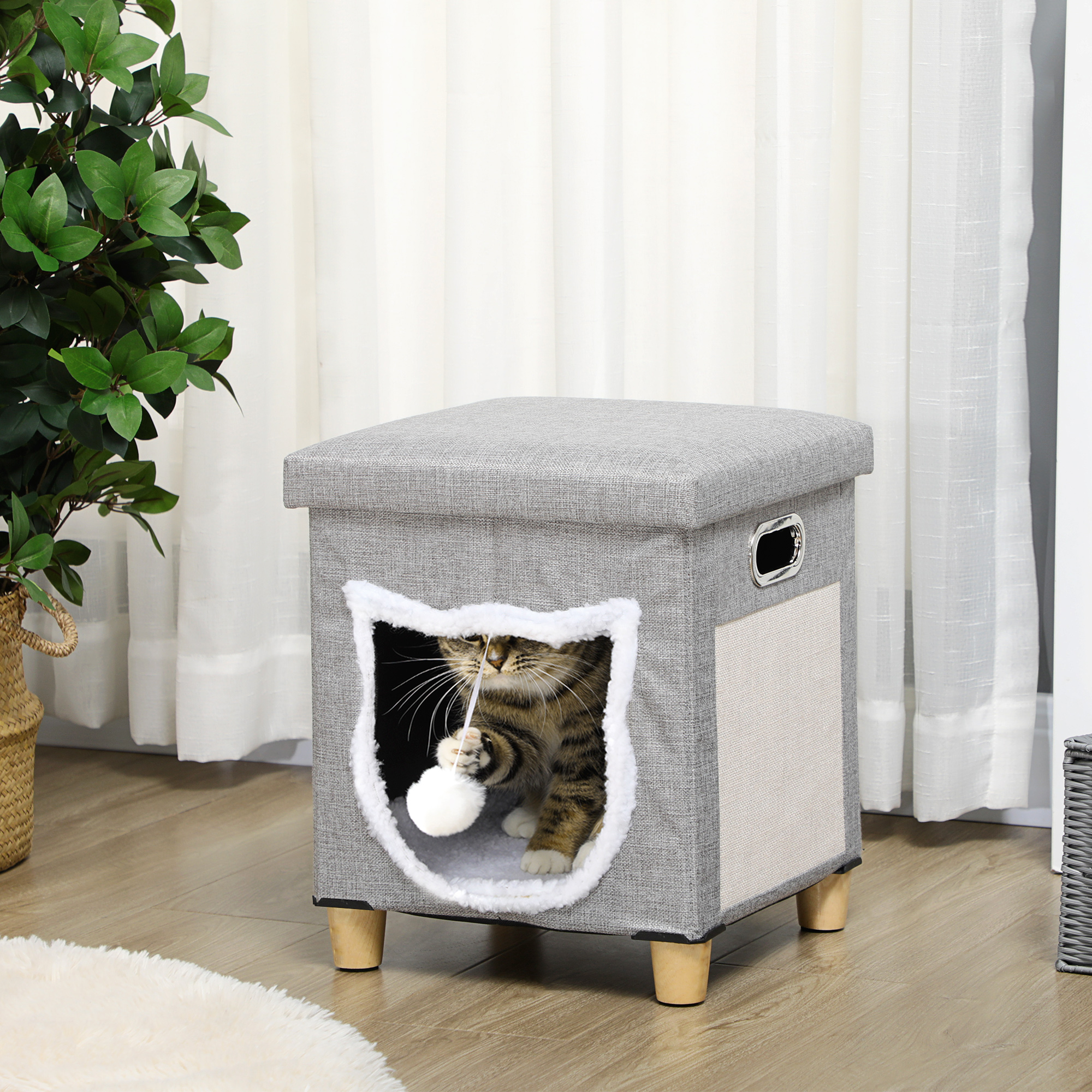 Cat House Cave,Cat Bed Cube With Scratching Pad,Soft Detachable & Washable Cushion,Toy Ball,for Indoor Kittens,Grey detail photo 9