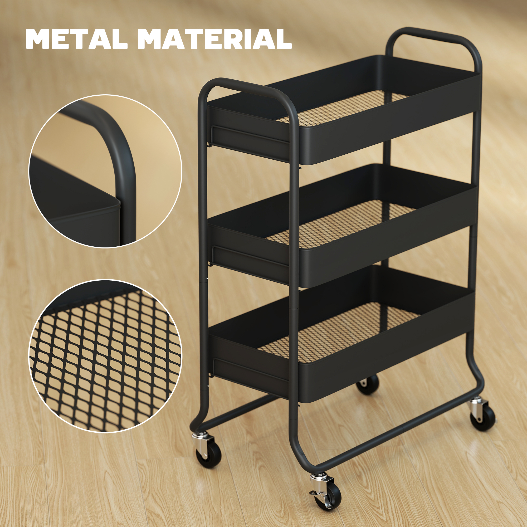 3-Tier Storage Trolley On Wheels,Rolling Utility Cart With Mesh Backets — image 4