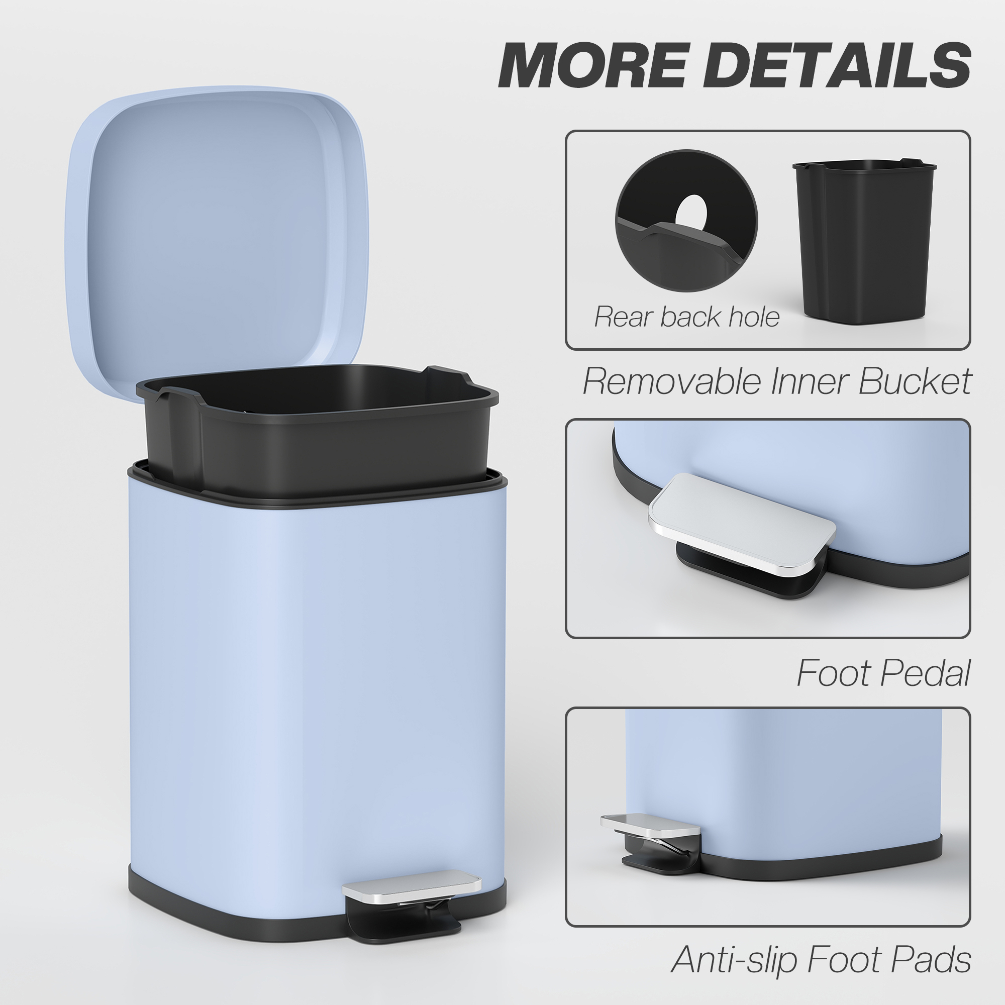 12L Modern Boxy Metal Home Kitchen Bin-Light Blue