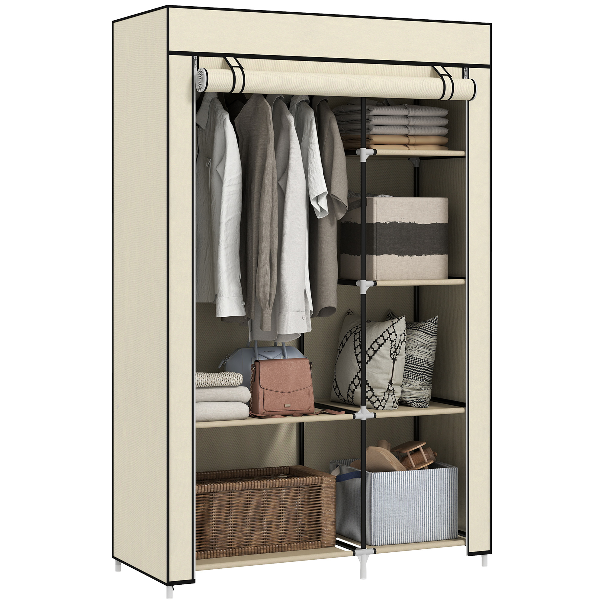 Fabric Wardrobe W/ Shelves Hanging Rail Foldable Cream — image 5