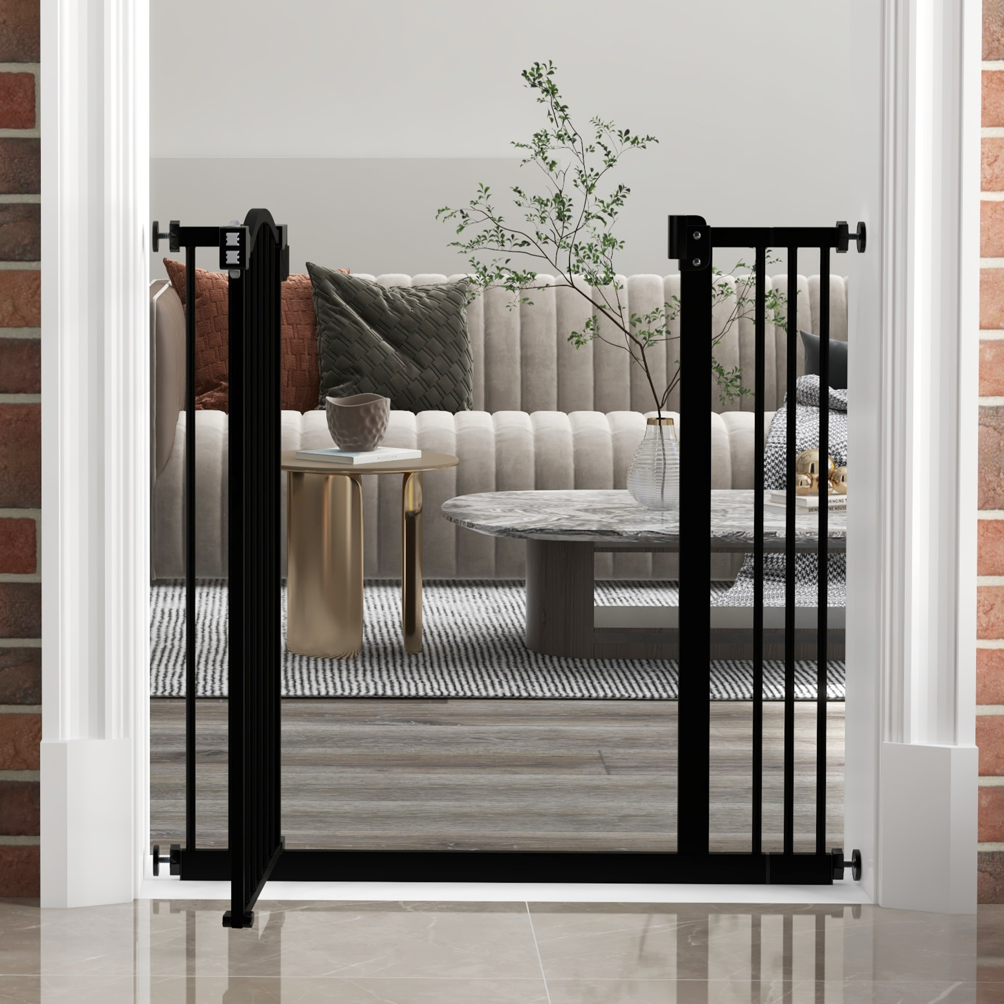 Metal 74-87cm Adjustable Pet Gate Safety Barrier W/ Auto-Close Door Black