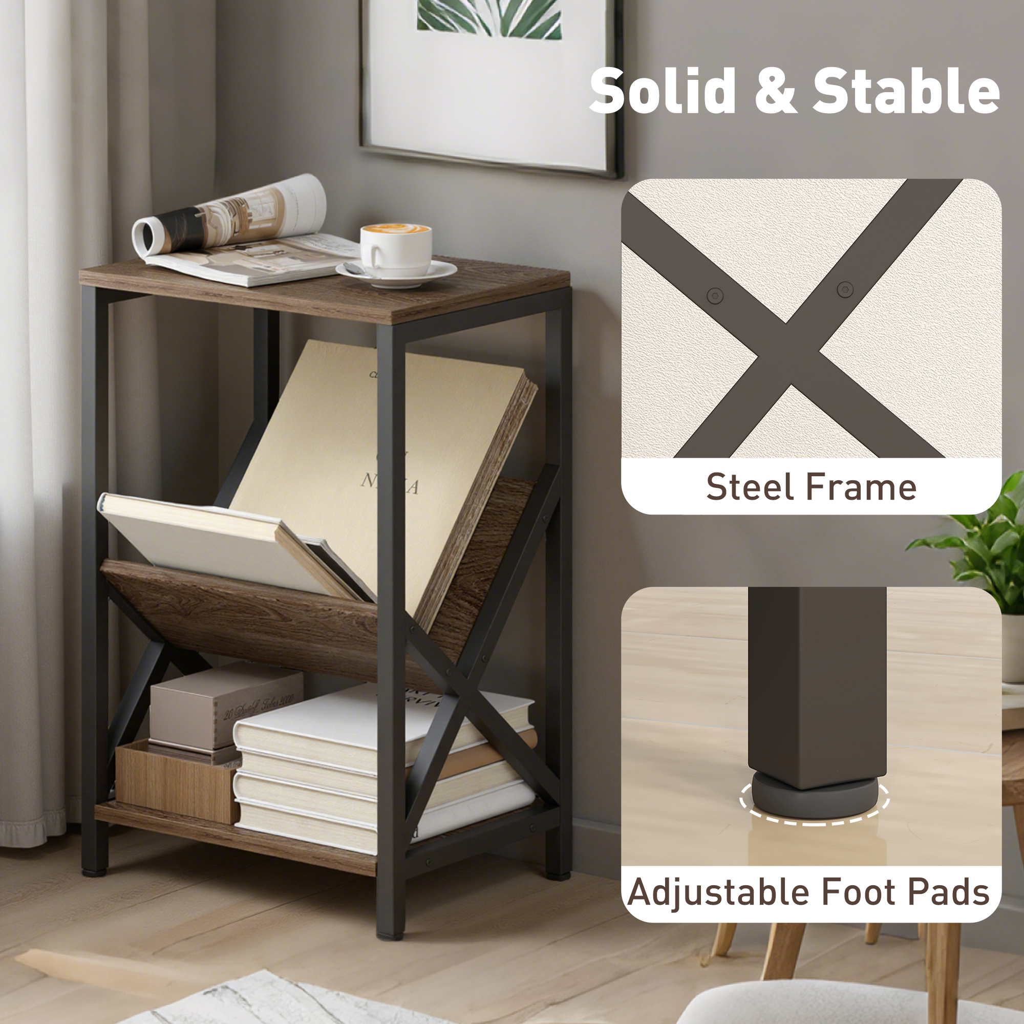 Narrow Side Table,End Table With 3-Tier Storage,V-Shaped Magazine Holder — image 3