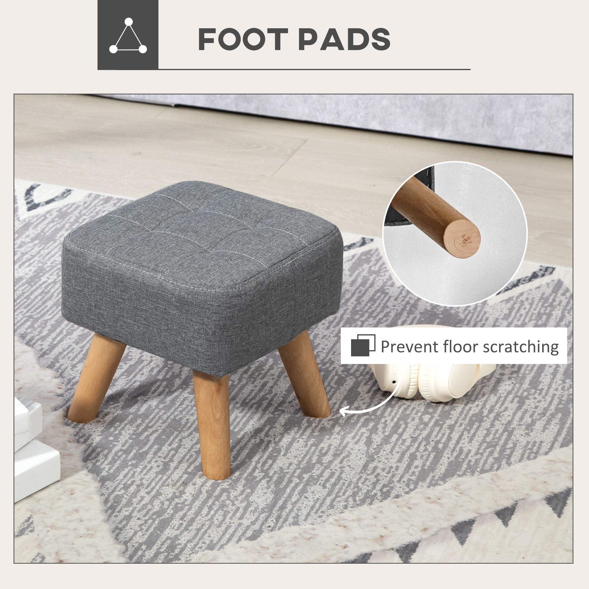 Linen-look square padded footstool-grey