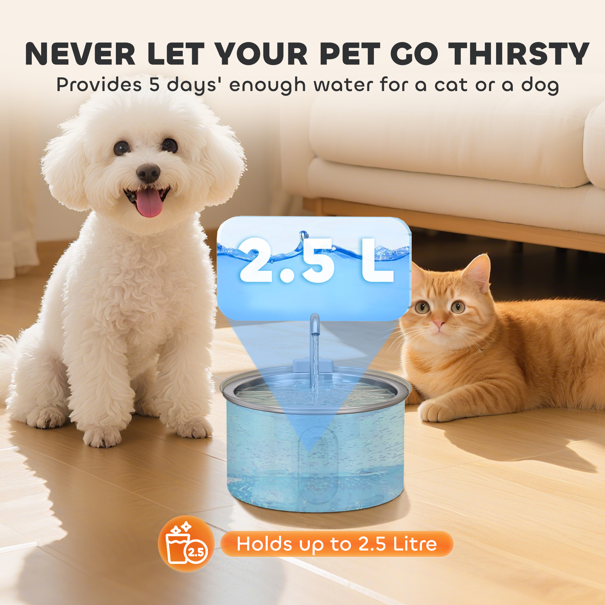 2.5L Stainless Steel Cat Water Fountain For Drinking With Ultra-Silent — image 4