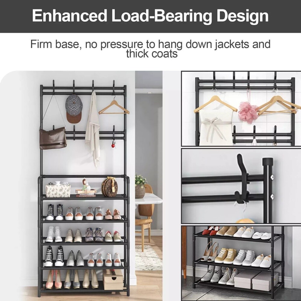 New Coat And Hat Stand 8 Hooks Metal Shoe Rack 5 Tiers Shelf Hanger Black — image 3