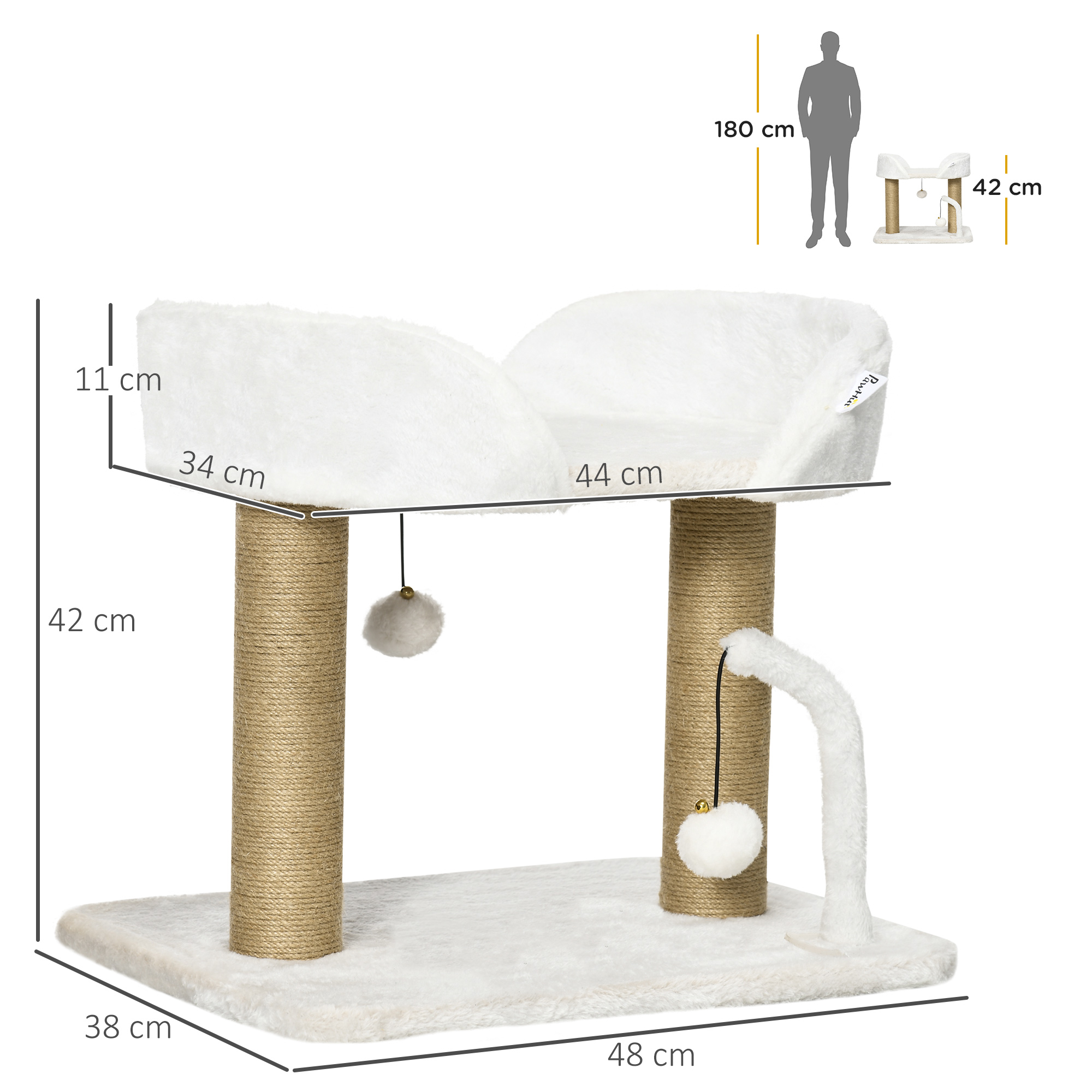 42cm Indoor Cat Tree,with Toy Balls,Jute Scratching Post-White — image 4
