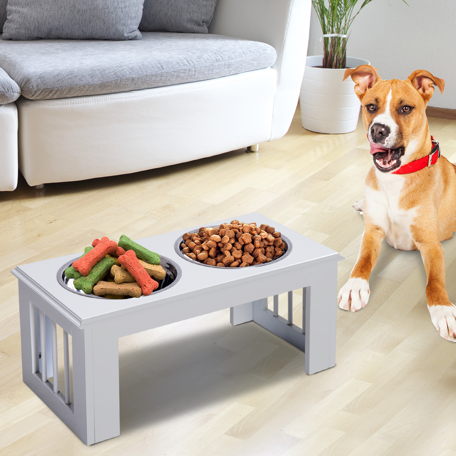 Raised Dog Feeding Bowls With Stand,Stainless Steel For Medium Dog,58L X 31W X 25H Cm-White detail photo 9