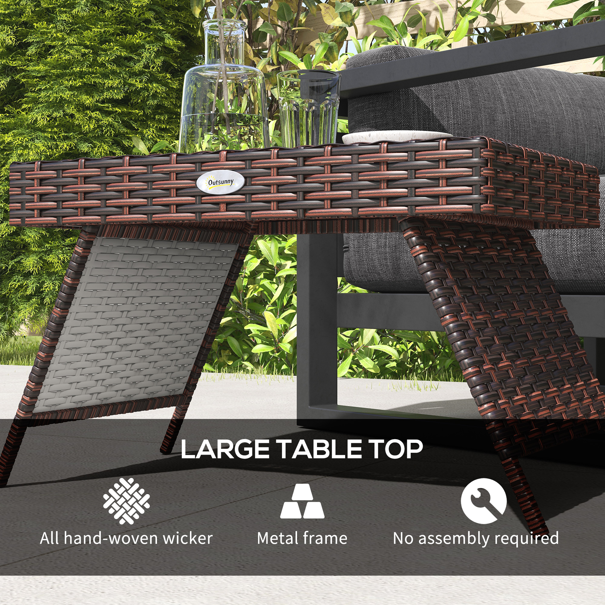Foldable Outdoor Side Table,Rattan Garden Coffee Table With Steel Frame,Space