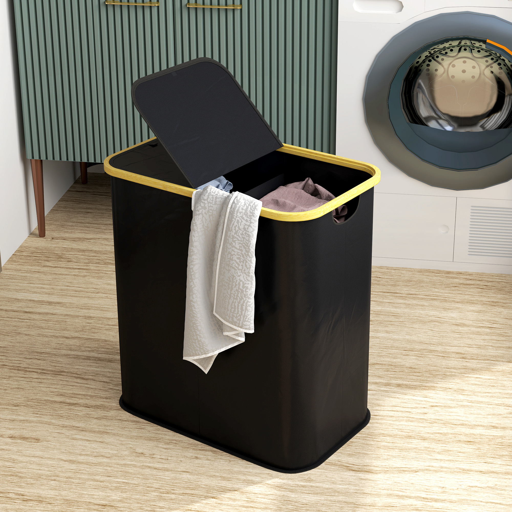 Double Laundry Basket With Lid,80L Collapsible Hamper Groove Handles,Washing — image 2