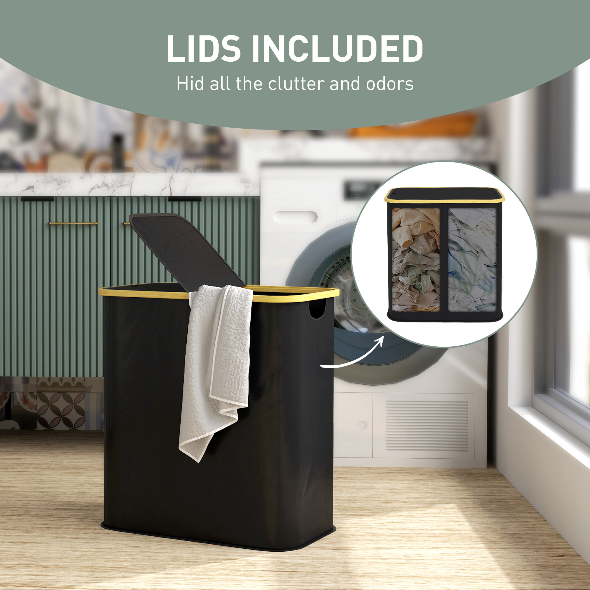 Double Laundry Basket With Lid,80L Collapsible Hamper Groove Handles,Washing