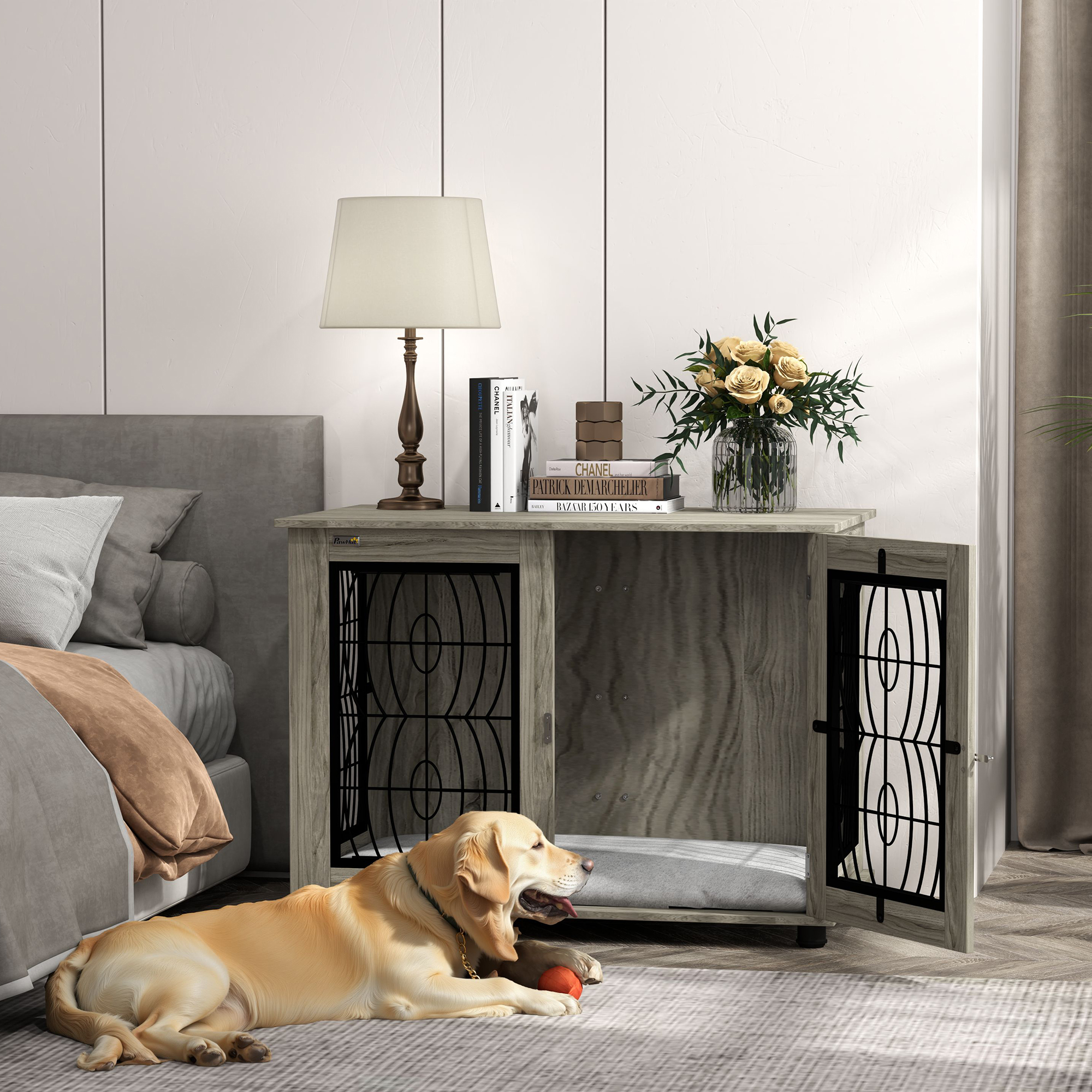 Indoor Dog Crate Furniture End Table With Soft Washable Cushion,Lockable Front Door,for Large Dogs-Grey detail photo 9