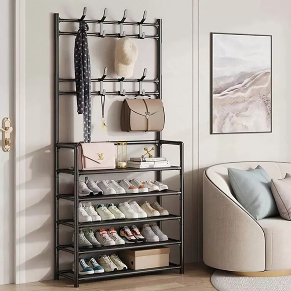 New Coat And Hat Stand 8 Hooks Metal Shoe Rack 5 Tiers Shelf Hanger Black — image 5