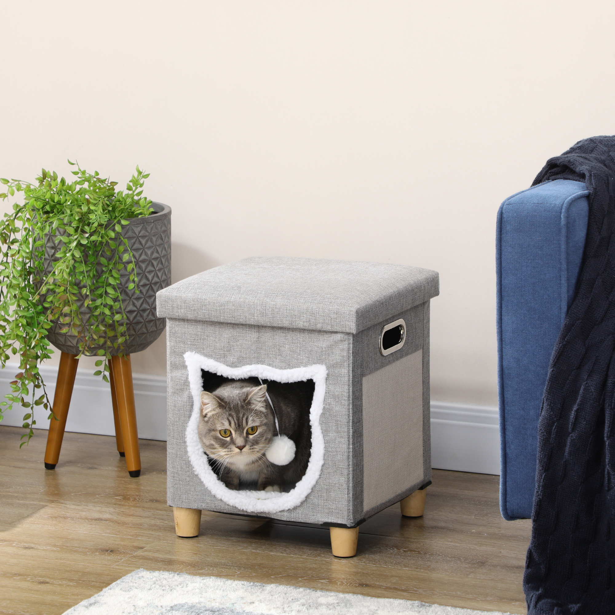 Cat House Cave,Cat Bed Cube With Scratching Pad,Soft Detachable & Washable Cushion,Toy Ball,for Indoor Kittens,Grey detail photo 10