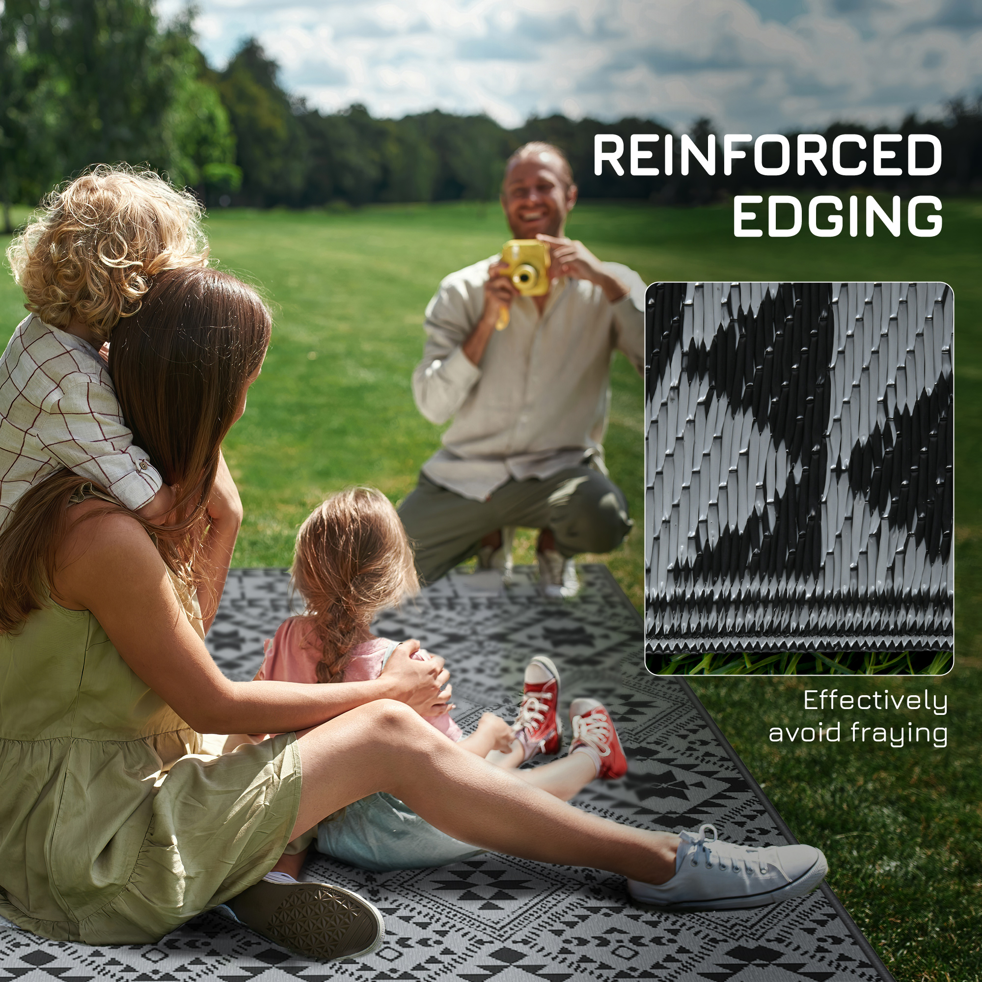 182 X 274cm Reversible Patterned Outdoor Rug,with Bag-Black/Grey — image 3