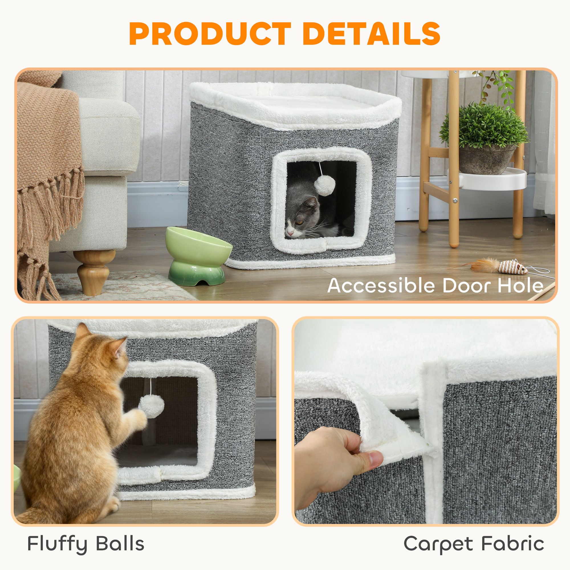 Cat House For Indoor Kittens,2-Level Cave Bed With Fluffy Balls,Top Bed,Kitten — image 5