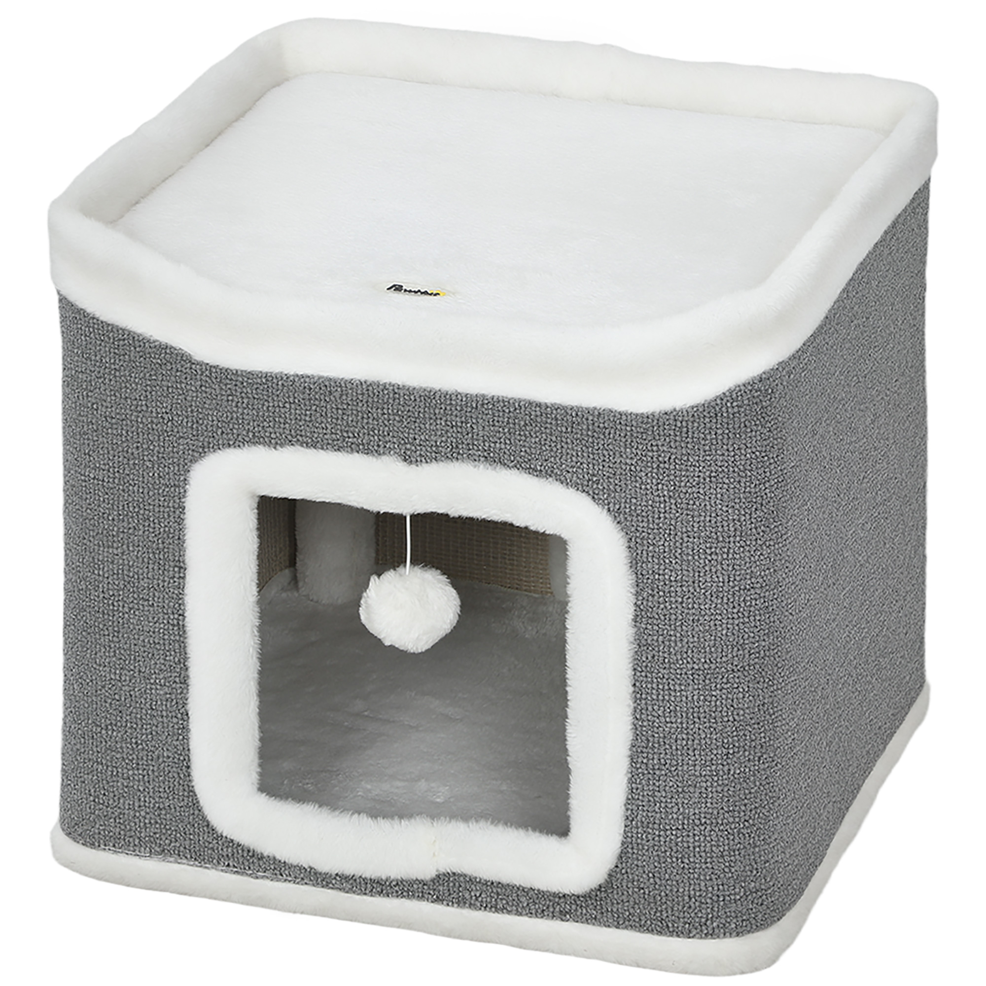 Cat House For Indoor Kittens,2-Level Cat Cave Bed With Fluffy Balls,Top Bed,Kitten Barrel For Multi Kitties,Grey detail photo 11