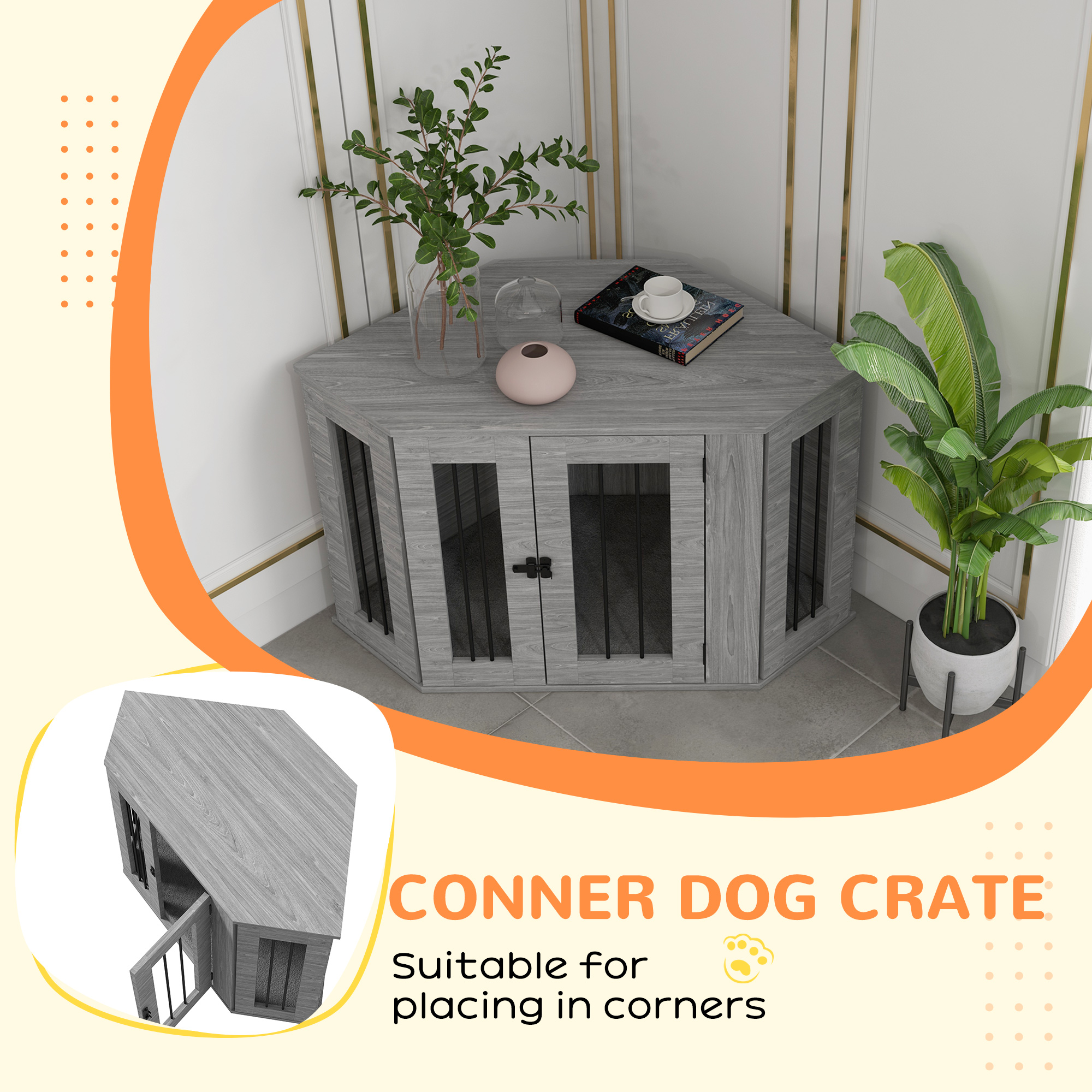 Dog Crate Furniture Side Table,with Cushion,104 X 55 X 63cm-Grey — image 4