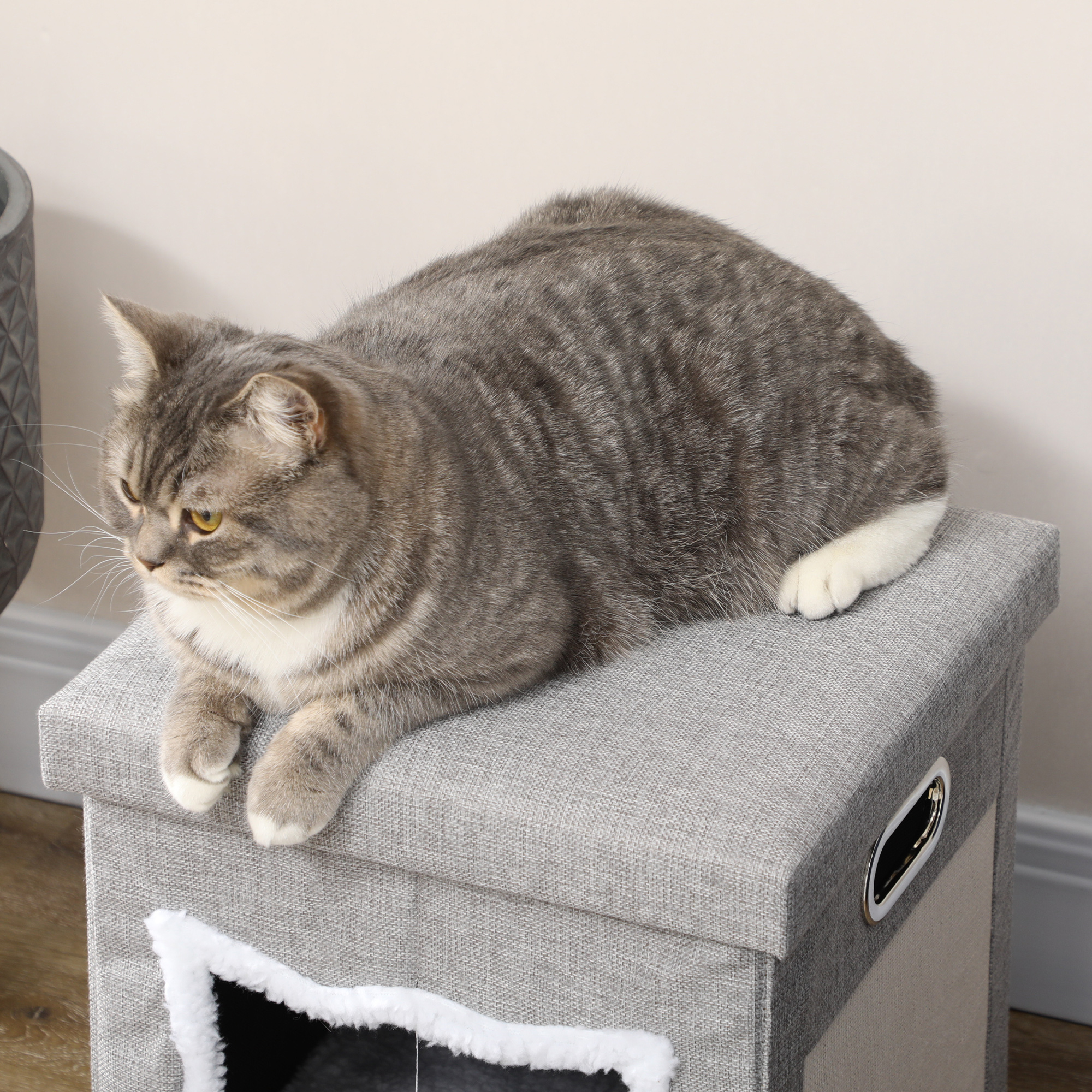 Cat House Cave,Cat Bed Cube With Scratching Pad,Soft Detachable & Washable Cushion,Toy Ball,for Indoor Kittens,Grey detail photo 2
