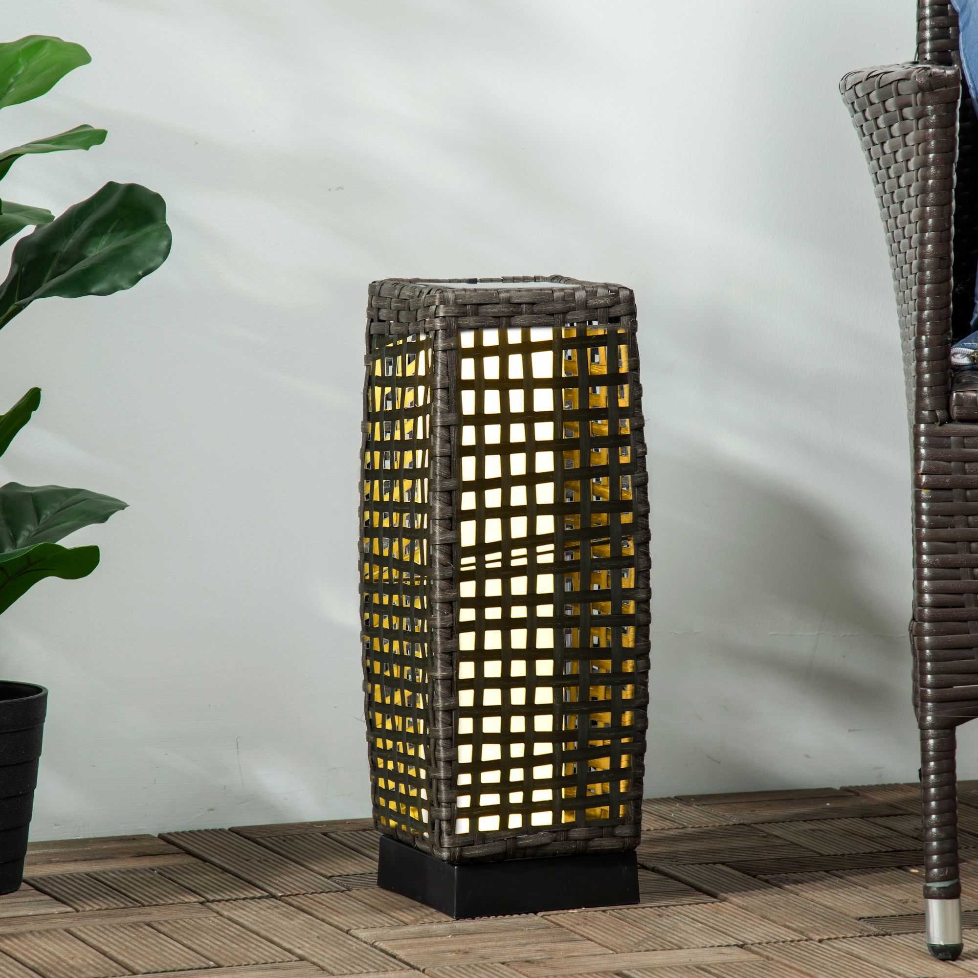 Outsunny Outdoor Rattan Solar Lantern,Brushed PE Wicker Patio Garden Lantern Wtih Auto On/Off Solar Powered LED Lights For Indoor & Outdoor Use,Porch,Yard,Lawn,Courtyard,Grey — 1