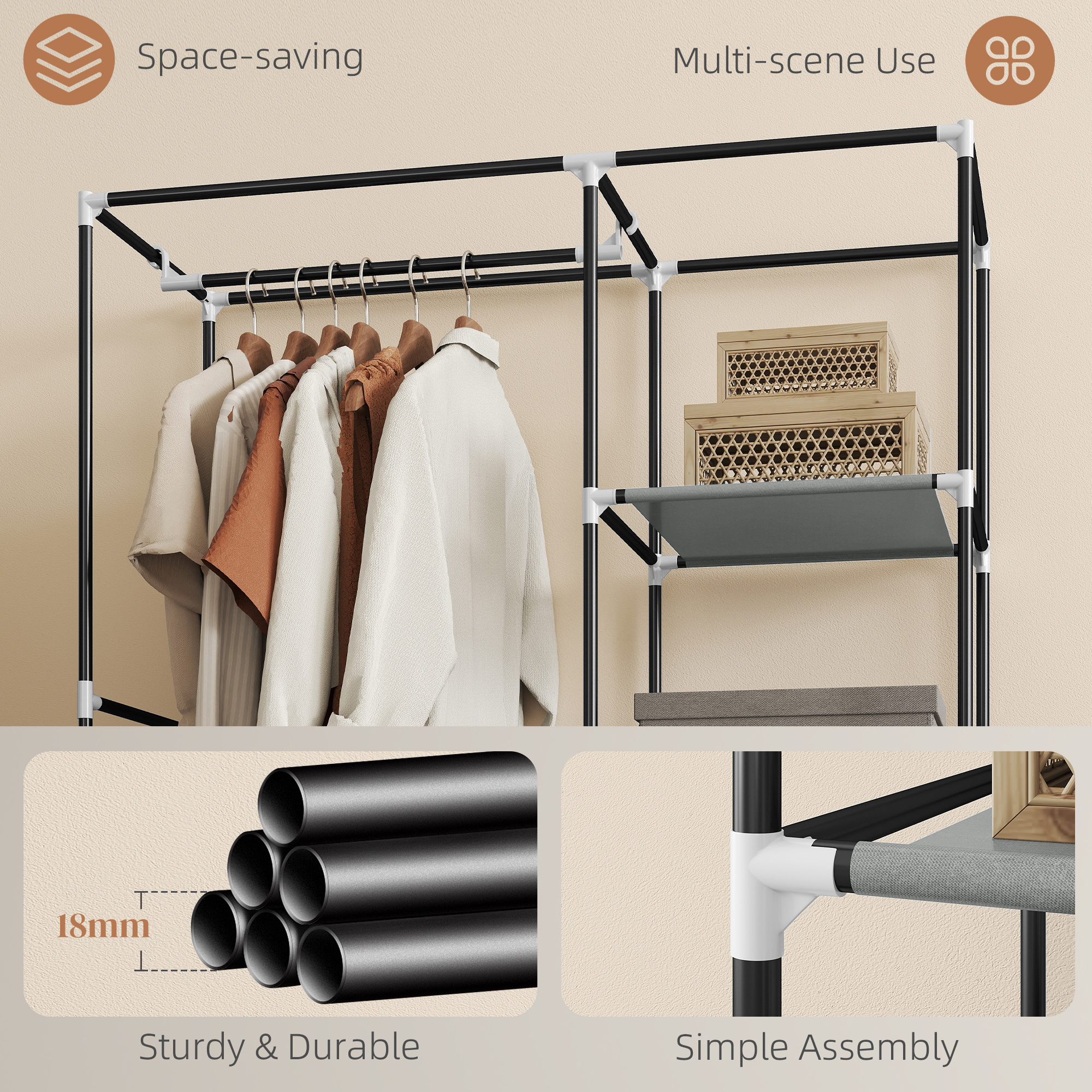 Fabric Wardrobe W/ Shelves Hanging Rail Foldable Light Grey — image 2
