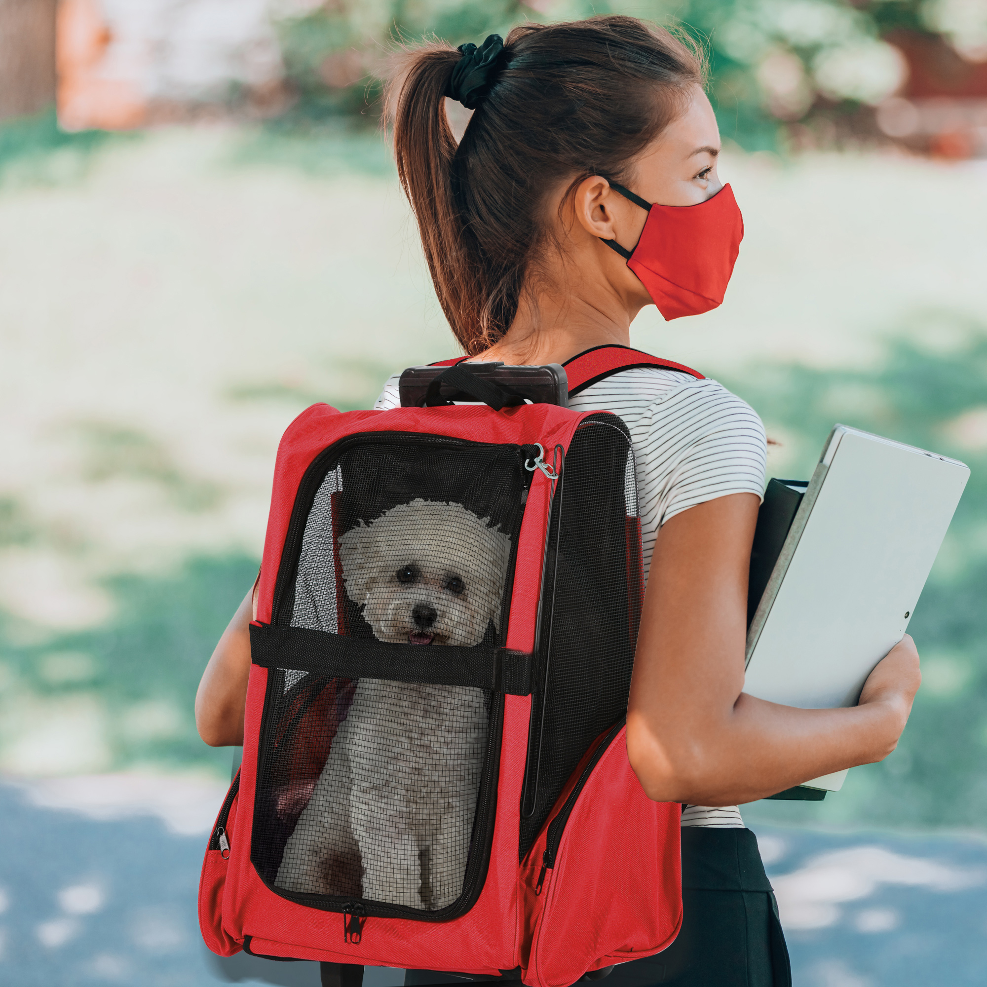 Pet Travel Backpack Bag Cat Puppy Dog Carrier W/ Trolley And Telescopic Handle Portable Stroller Wheel Luggage Bag (Red) detail photo 10