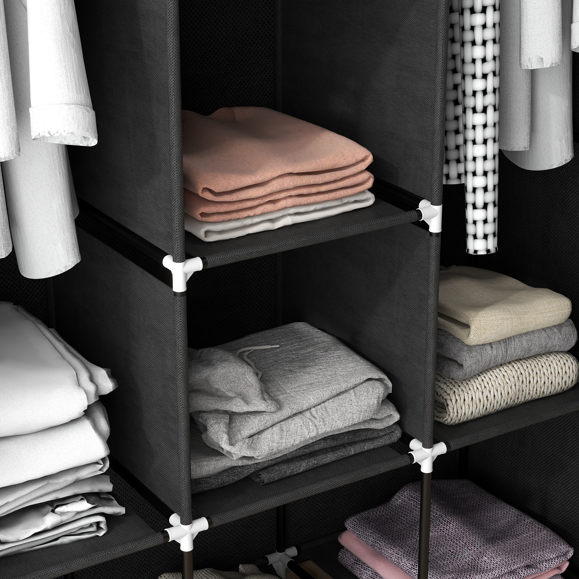 Fabric Wardrobe,with Rails And Shelves-Black