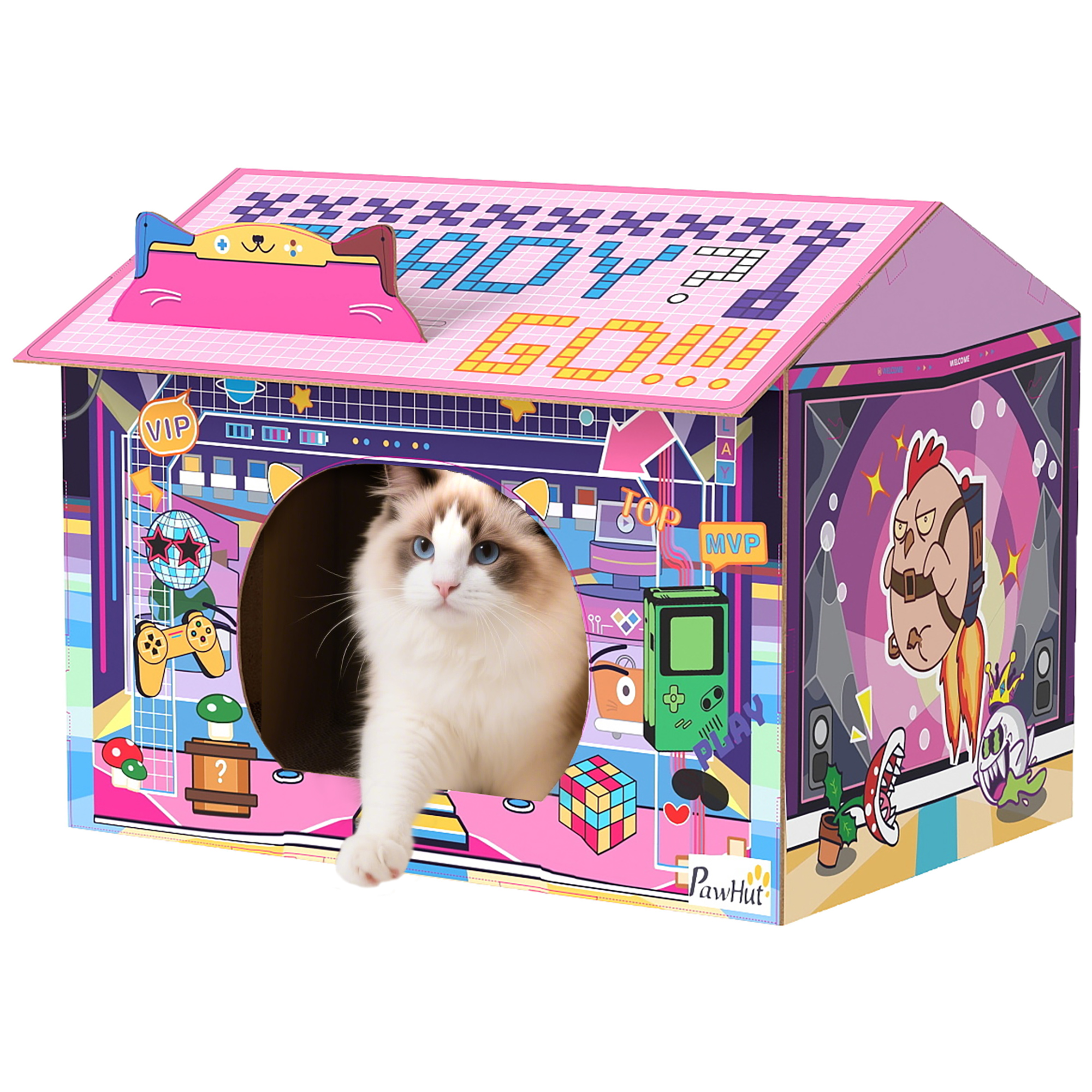 2 In 1 Gaming Style Cardboard Cat House With Scratching Board & Catnip