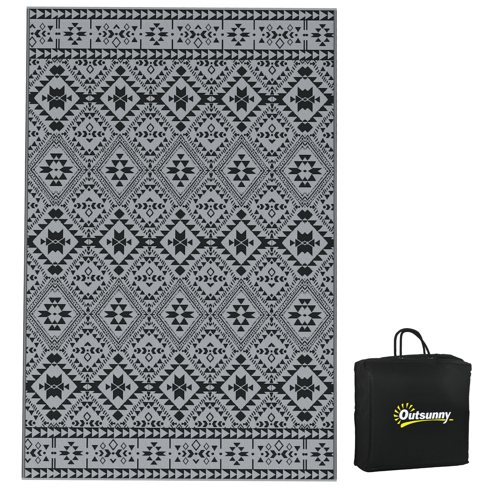 182 X 274cm Reversible Patterned Outdoor Rug,with Bag-Black/Grey — image 5