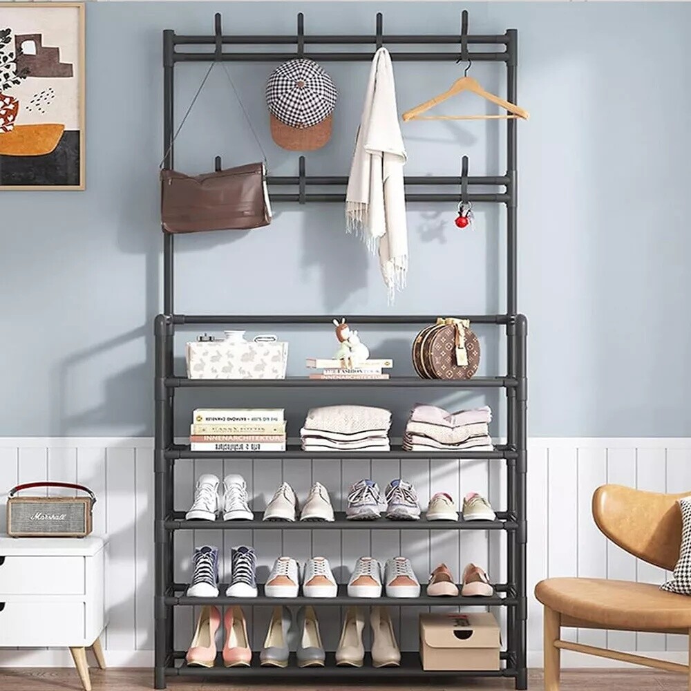 New Coat And Hat Stand 8 Hooks Metal Shoe Rack 5 Tiers Shelf Hanger Black