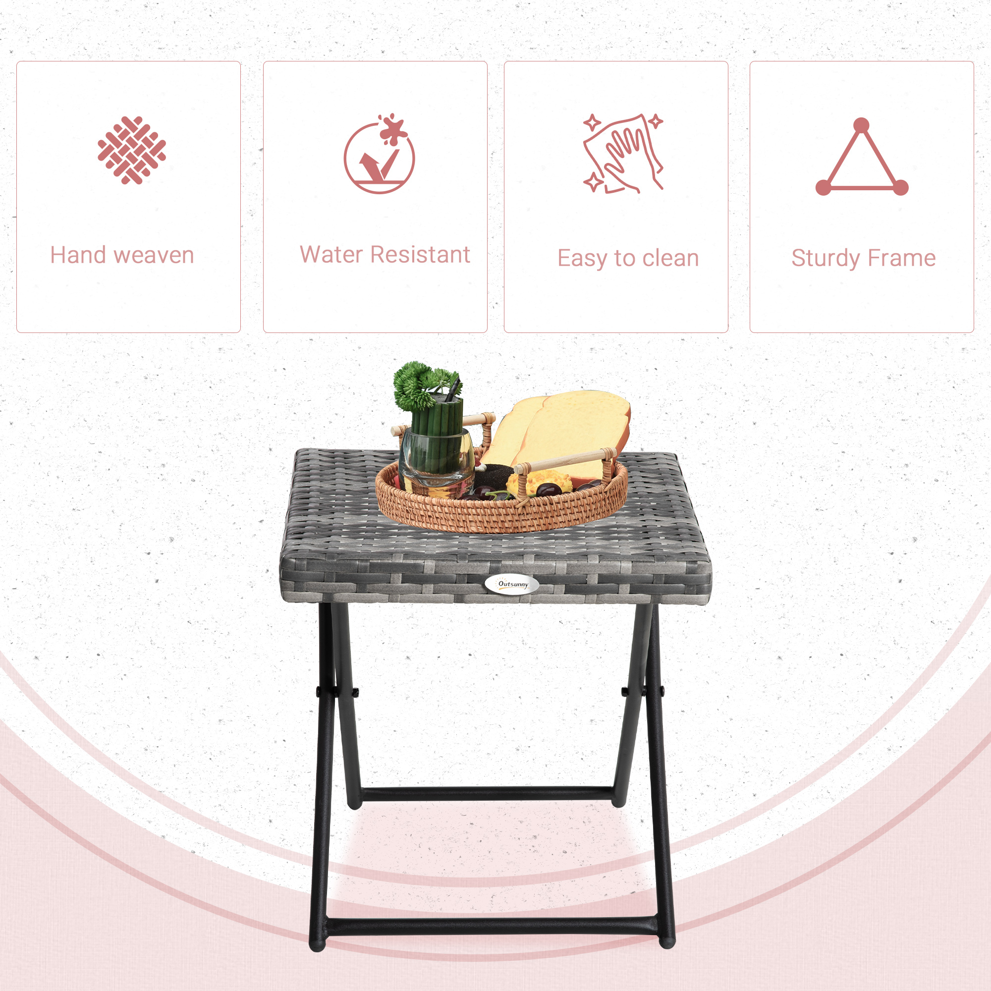 Square PE Wicker Rattan Folding Table-Grey — image 2