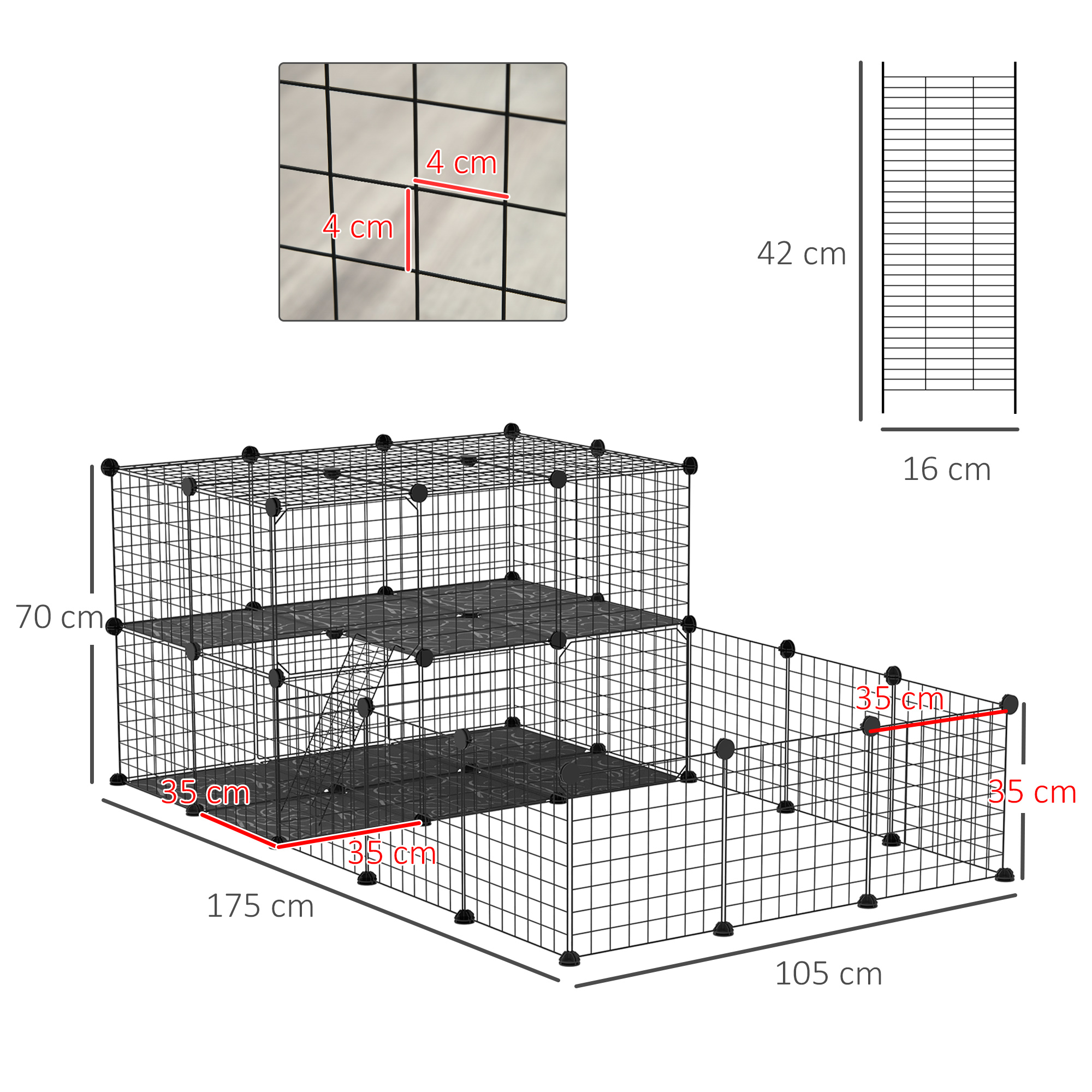 Pet Playpen With Door,Guinea Pigs Metal Mesh Cage For Small Animal,Chinchilla,175 X 105 X 70 CM,Black detail photo 8