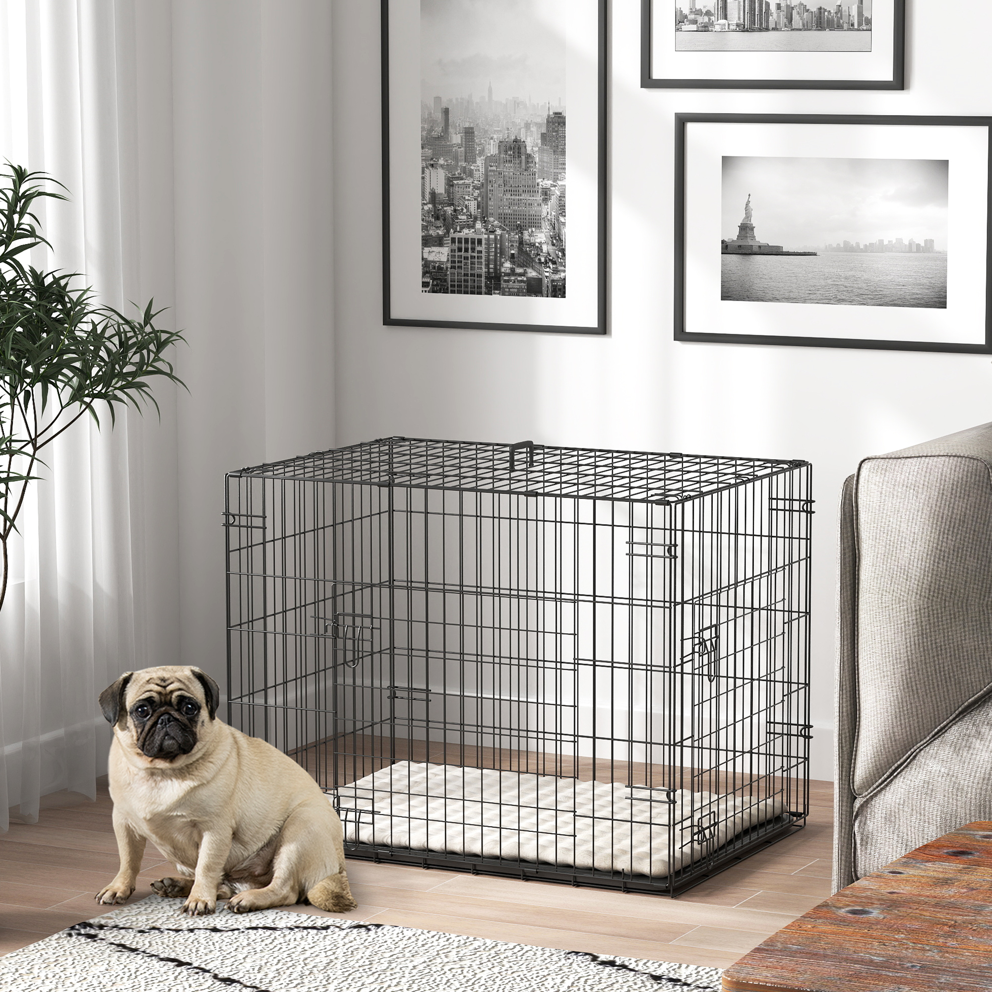 Foldable Dog Crate With 2 Doors With Tray,Soft Cushion,for Small Dogs,75 X 49 X 53 Cm,Black detail photo 9