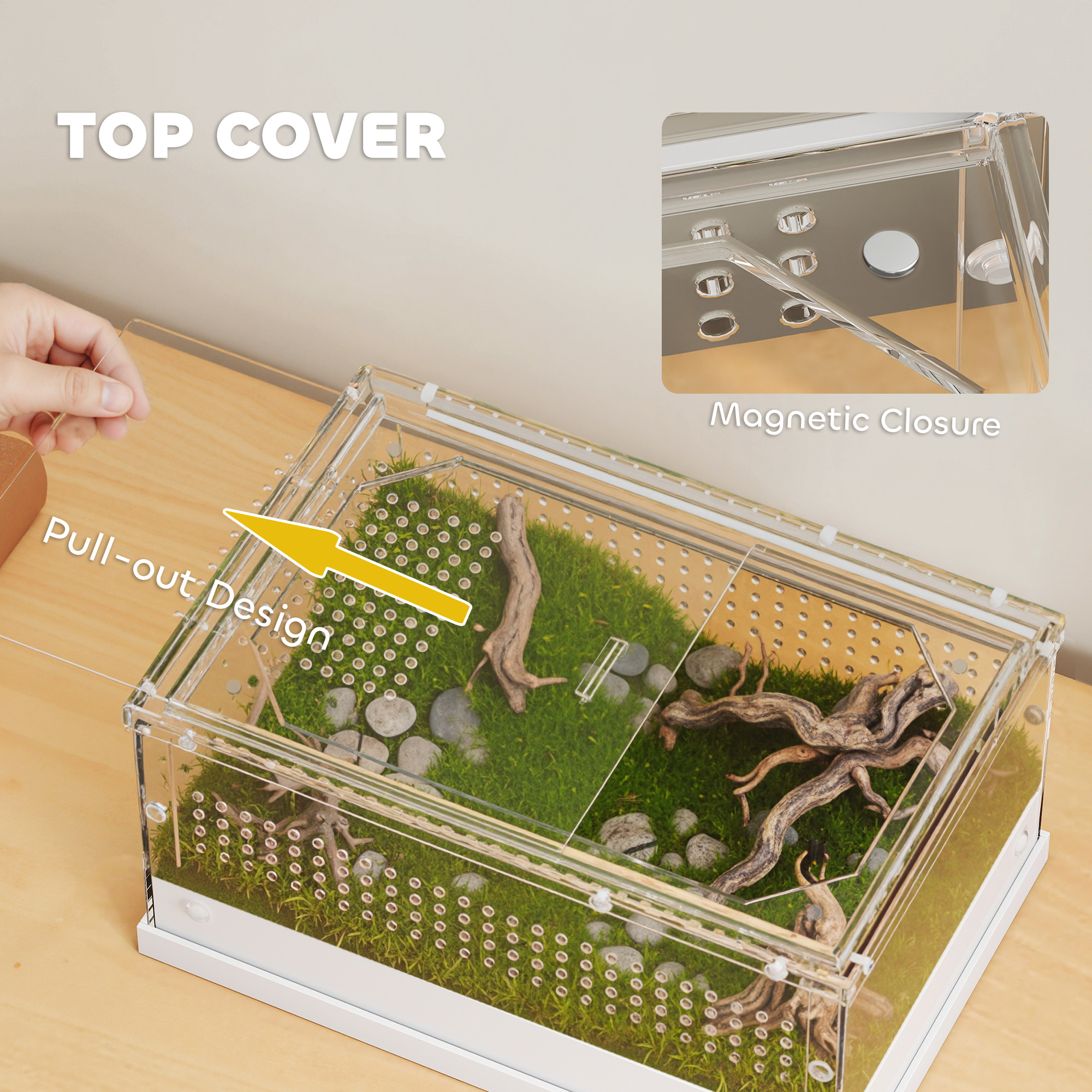 Acrylic reptile terrarium with top sliding door,vents,