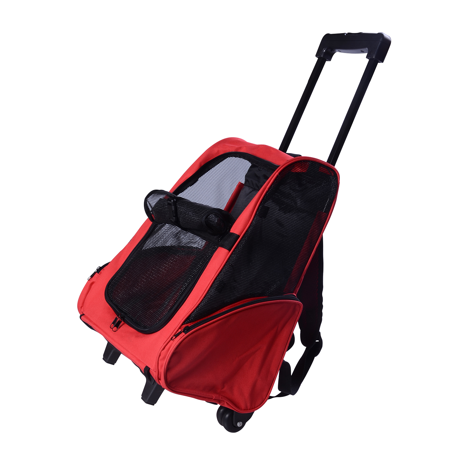 Pet Travel Backpack Bag Cat Puppy Dog Carrier W/ Trolley And Telescopic Handle Portable Stroller Wheel Luggage Bag (Red) detail photo 11