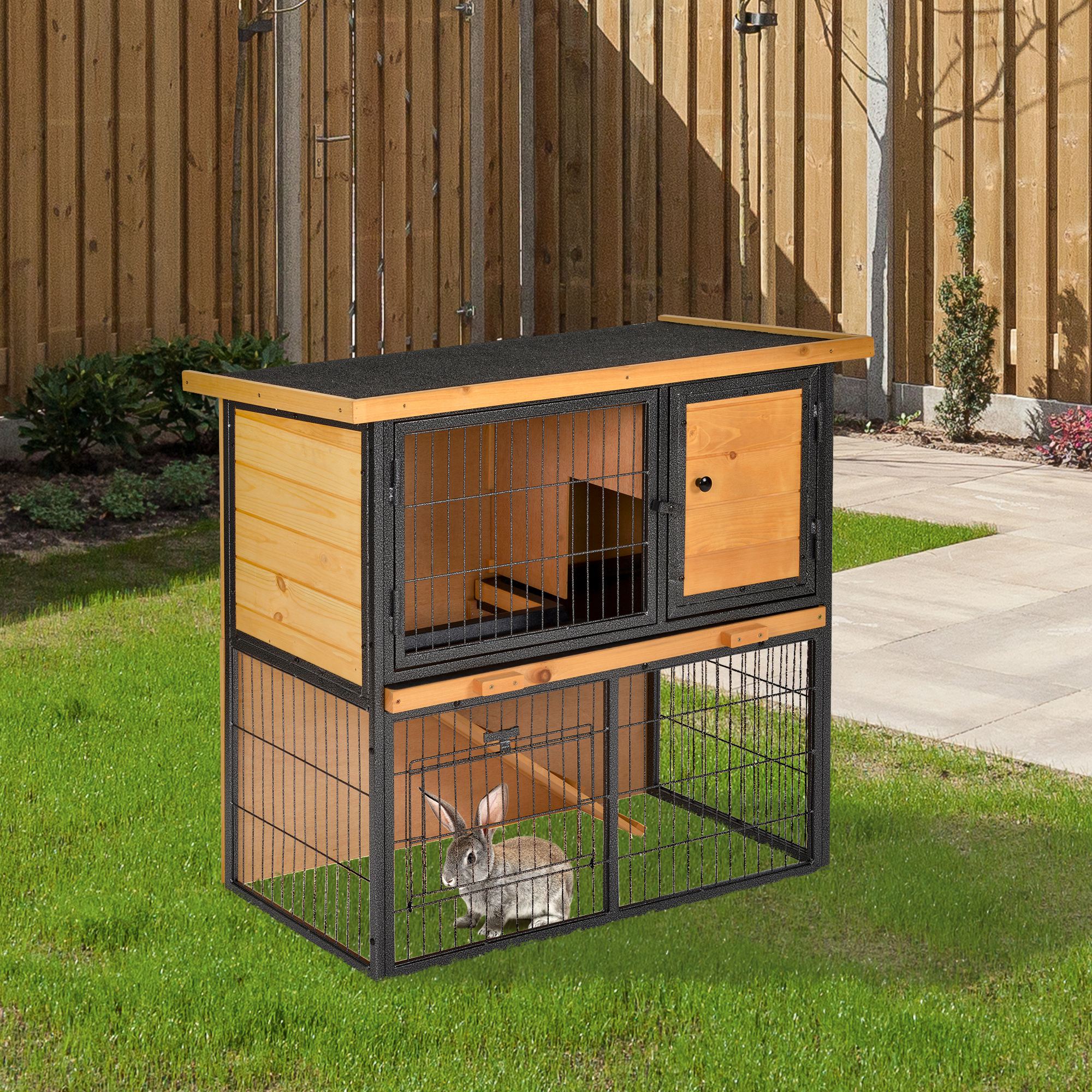 Guinea Pig Hutch Rabbit Hutch Wood-metal Elevated Pet House Bunny Cage With No-Leak Tray Ramp Openable Roof Outdoor 89.5 X 45 X 81cm Light Yellow detail photo 10
