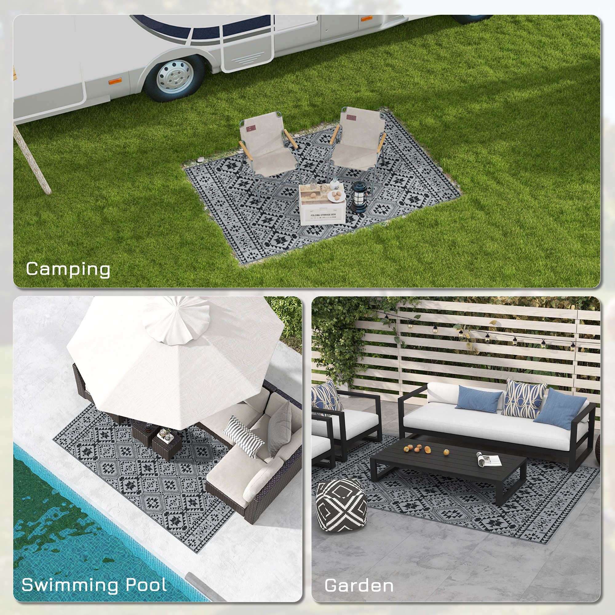 182 X 274cm Reversible Patterned Outdoor Rug,with Bag-Black/Grey — image 4