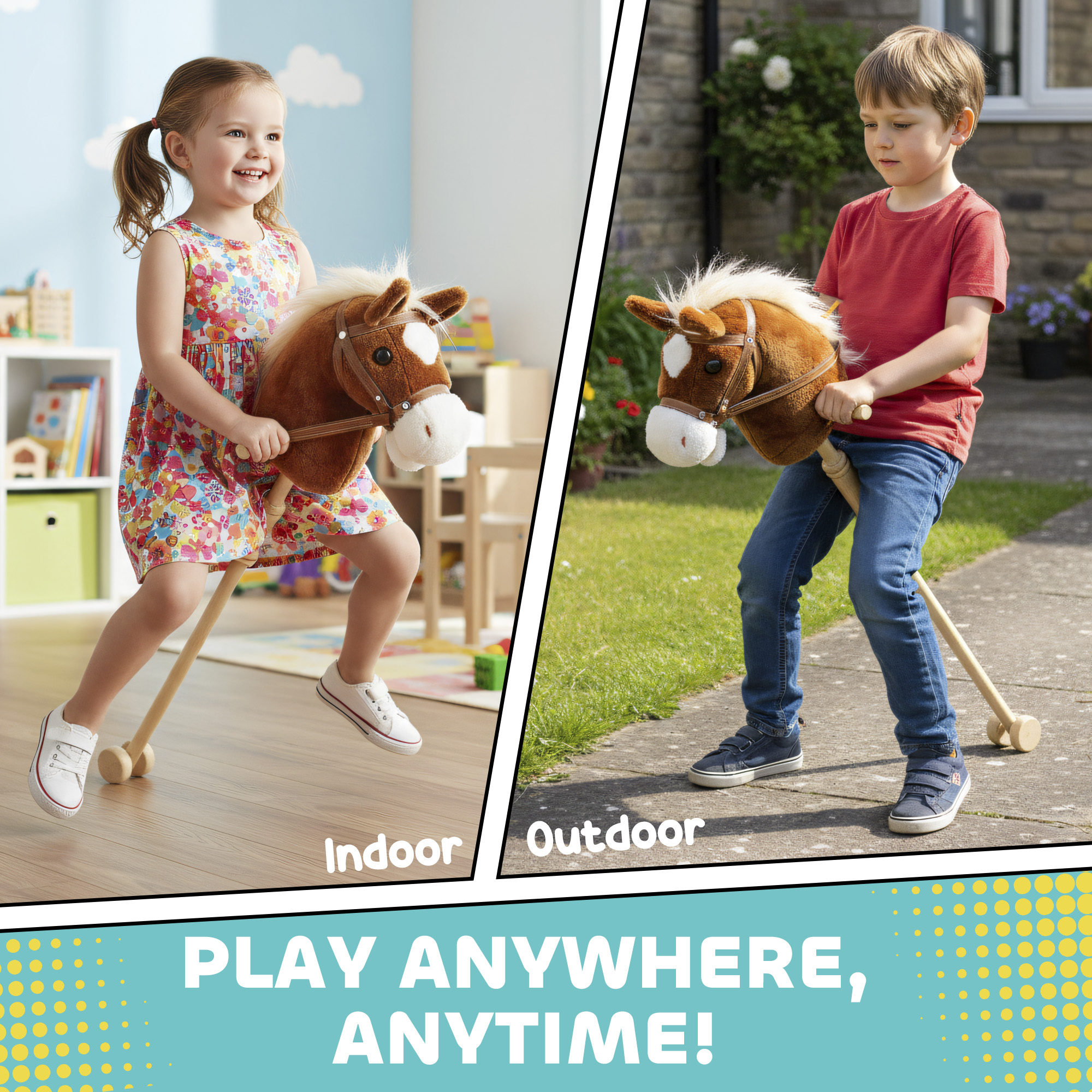 Stick Horse With Wood Wheels,Real Pony Neighing And Galloping Sounds,Grip