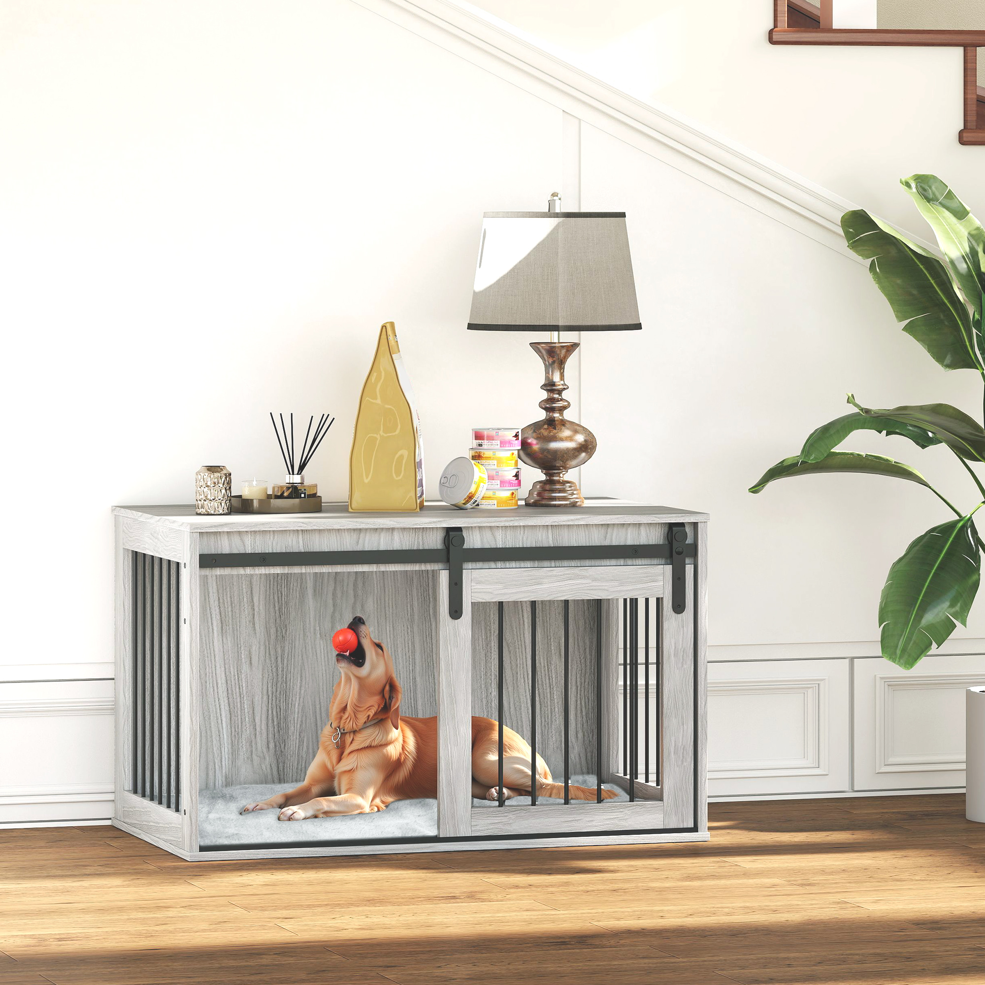 98cm Dog Crate Furniture With Removable Cushion For Large Dogs - Grey detail photo 9